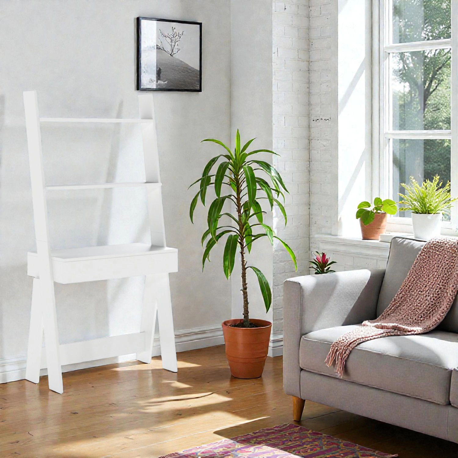 Hivvago Wall-Leaning Ladder Desk With Storage Drawer And Safety Anchor