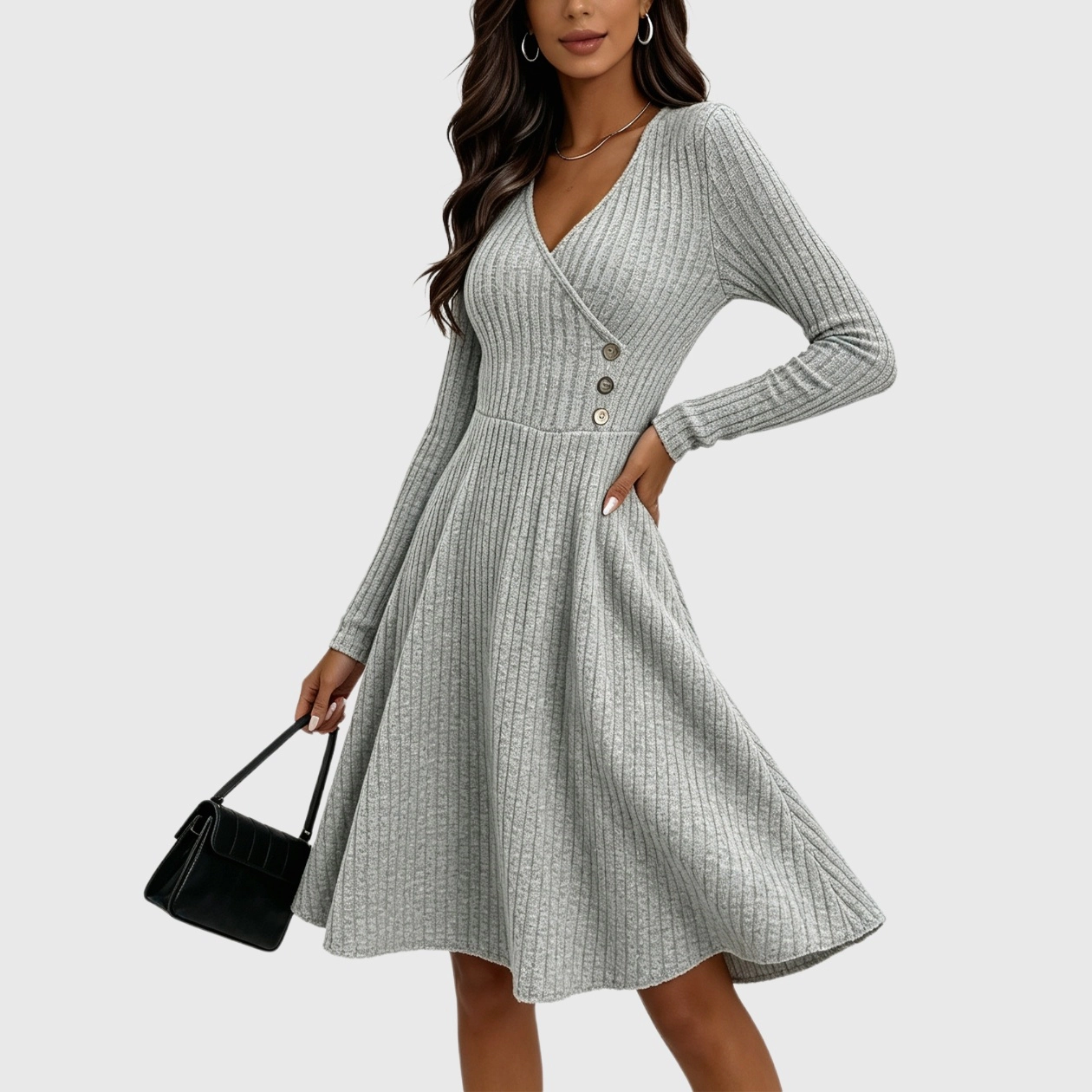 YesFashion Womens V Neck Long Sleeve Sweater Dress Casual Fall Ribbed Knit A Line Midi Dress