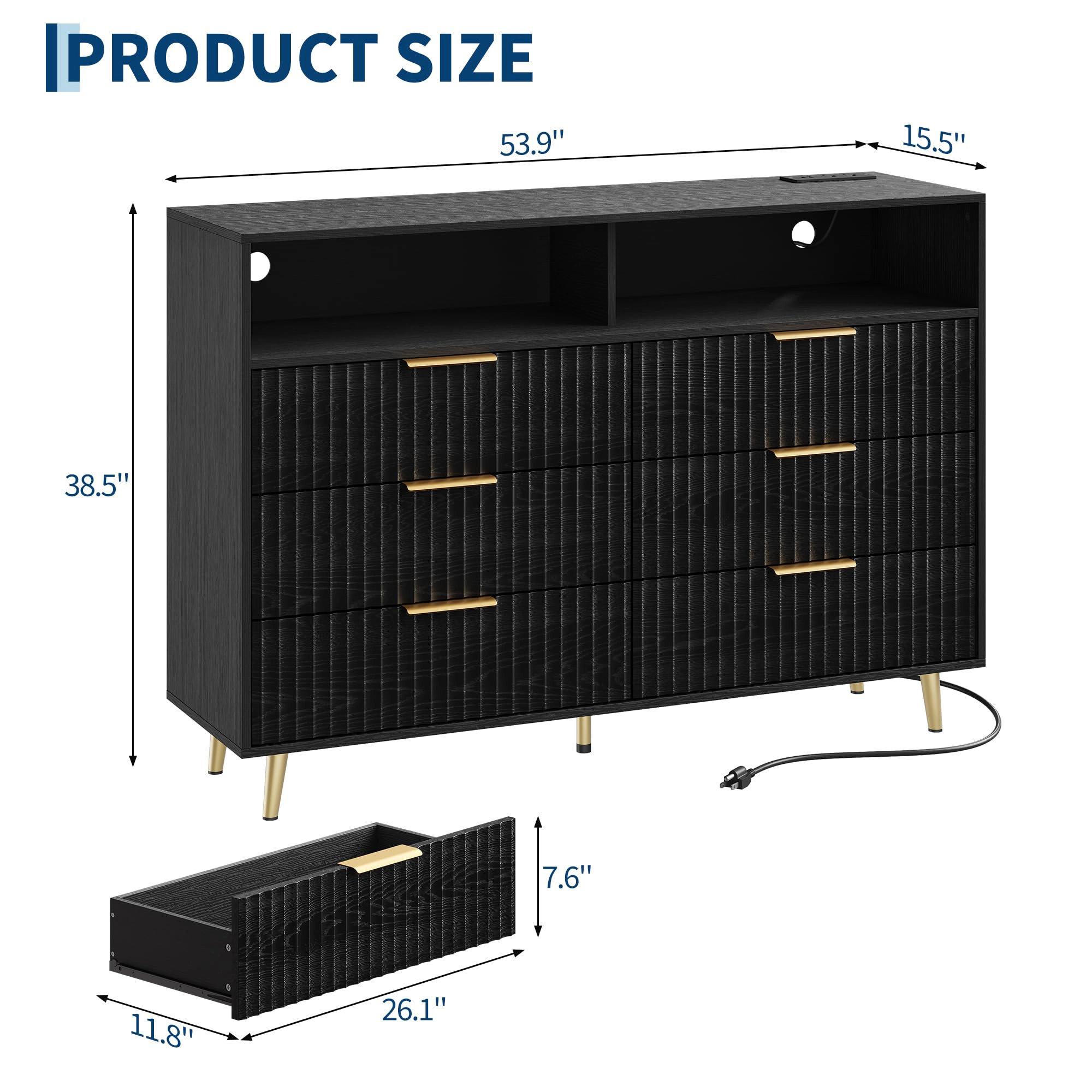 6 Drawer Fluted Dresser with Charging Station and RGB LED Lights, Storage Chest Open Shelf Gold-Tone Handles