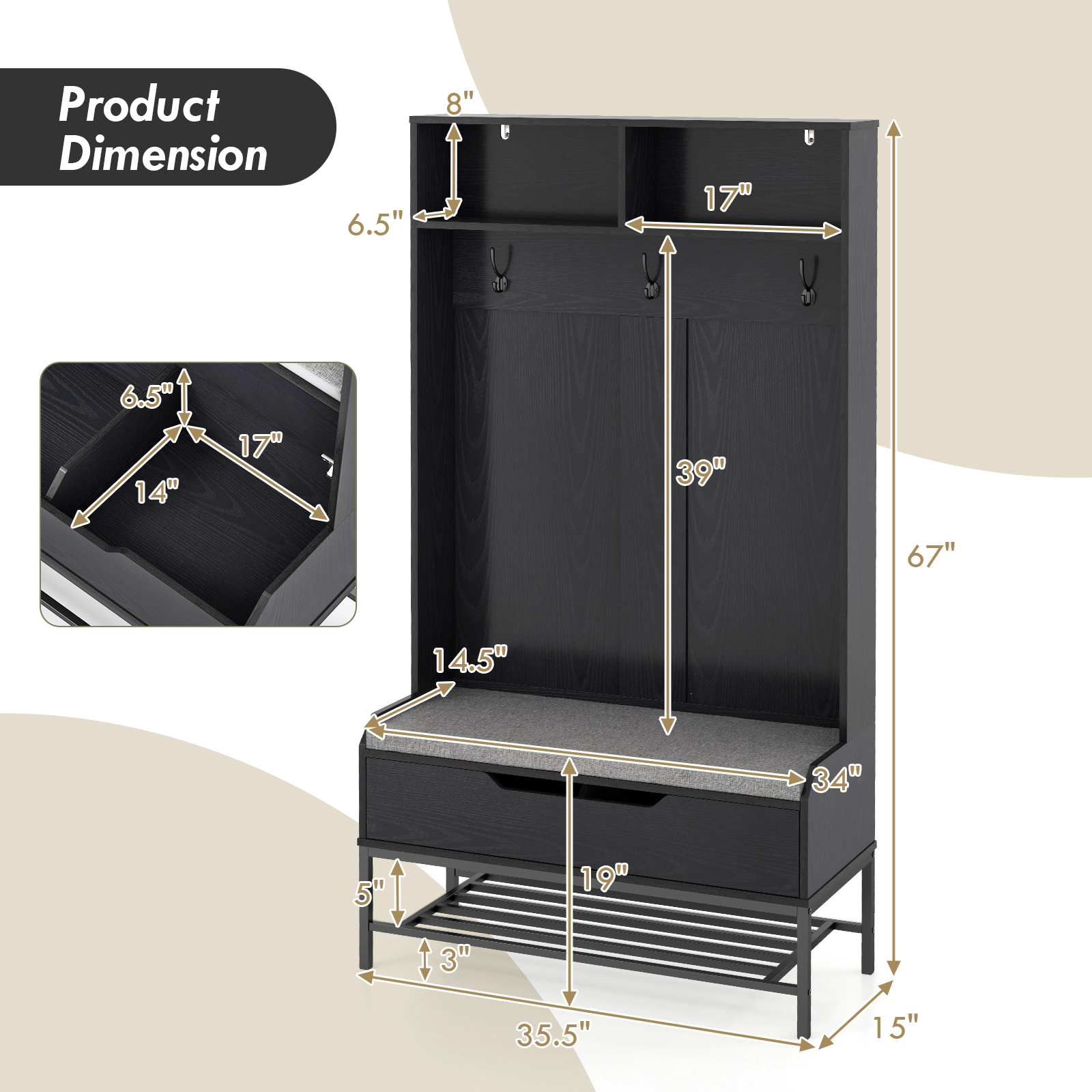 SUGIFT 67 Inch Hall Tree Black 4-in-1 Coat Rack with Seat Cushion and Shoe Storage