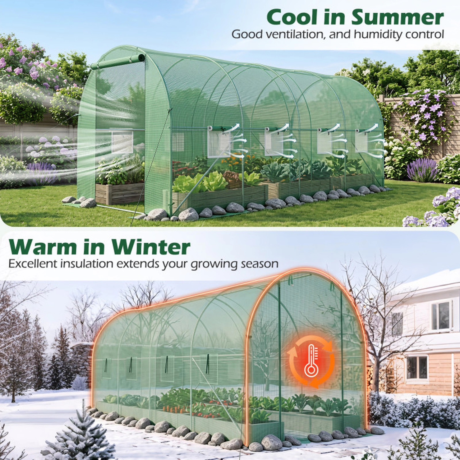 SUGIFT Walk-in Tunnel Greenhouse with Zipper Door and 8 Mesh Windows 42-in Door Opening Green/White