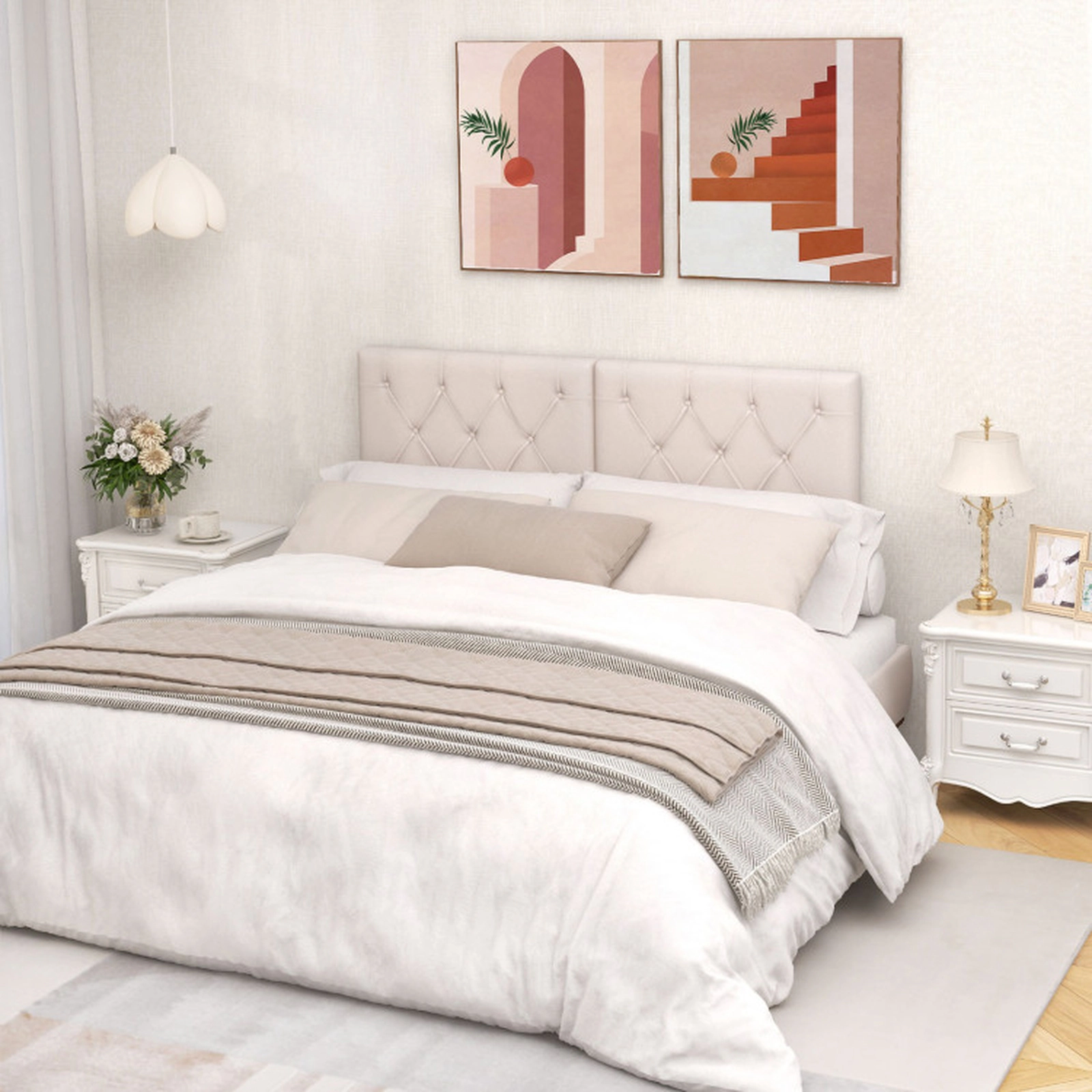SUGIFT Beige Diamond Stitched Fabric and MDF Frame Upholstered Twin Headboard