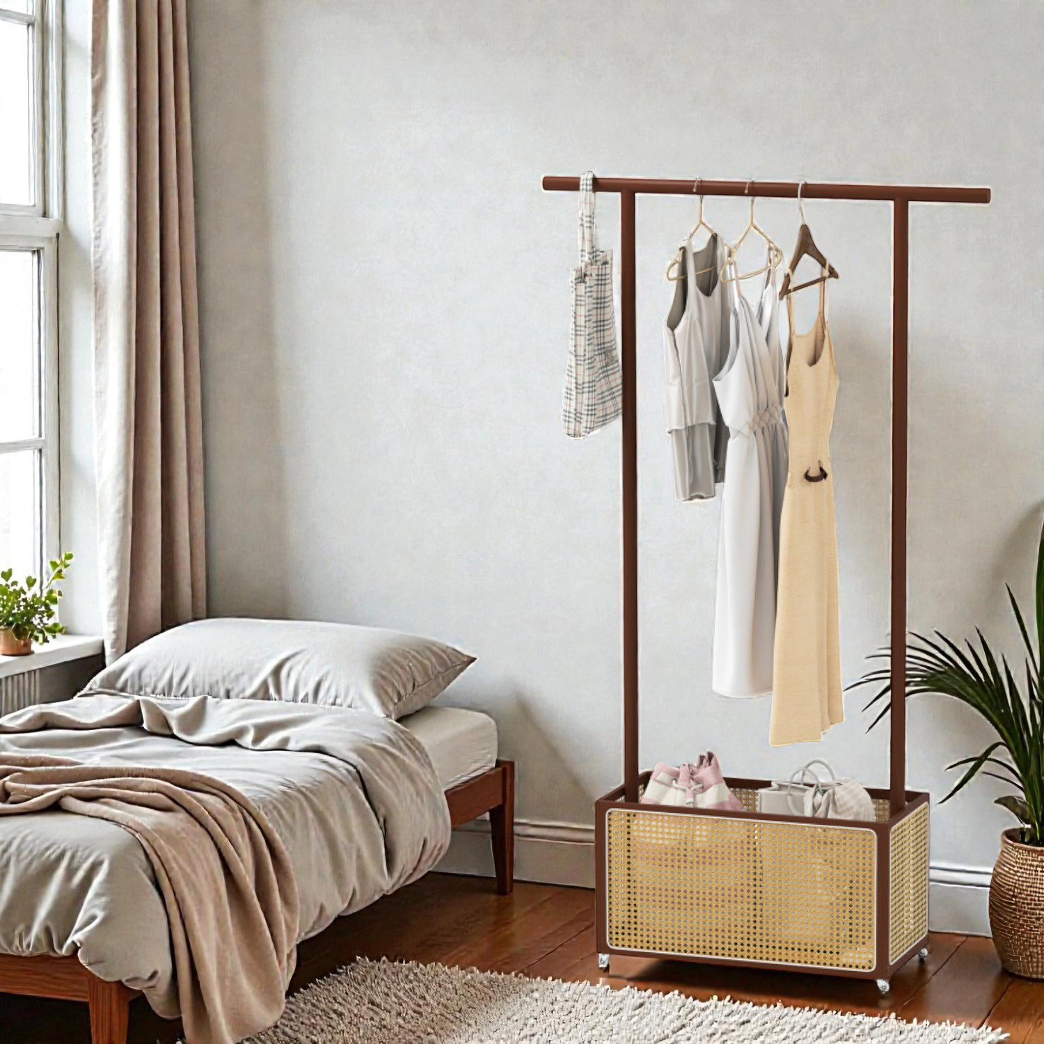 Hivvago Bamboo Garment Stand with Woven Rattan Storage Bin and Wheels