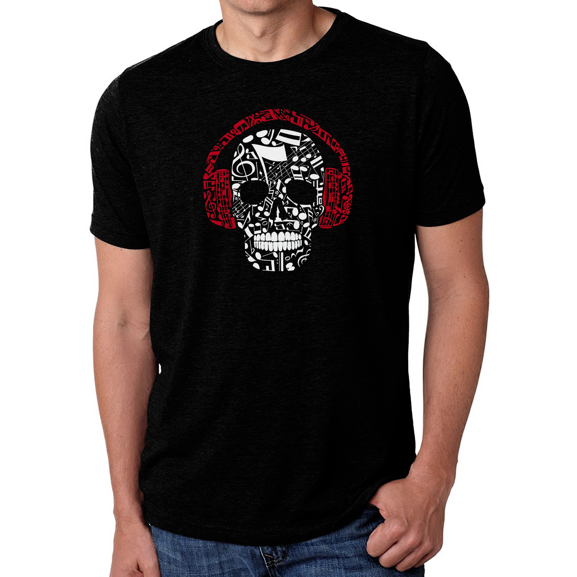 LA Pop Art Men's Cotton/Poly Blend Word T-Shirt - Music Notes Skull