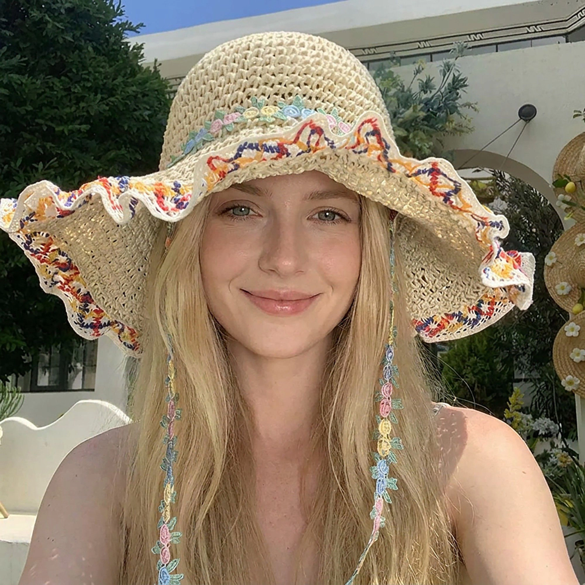 Anna-Kaci Women's Crochet Wide Brim Sun Hat with Floral Trim Wavy Edge and Decorative Chin Strap