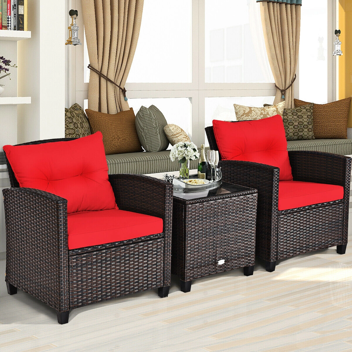SUGIFT 3-Piece Patio Rattan Cushioned Conversation Set with Coffee Table 360-lb Chair Capacity Red
