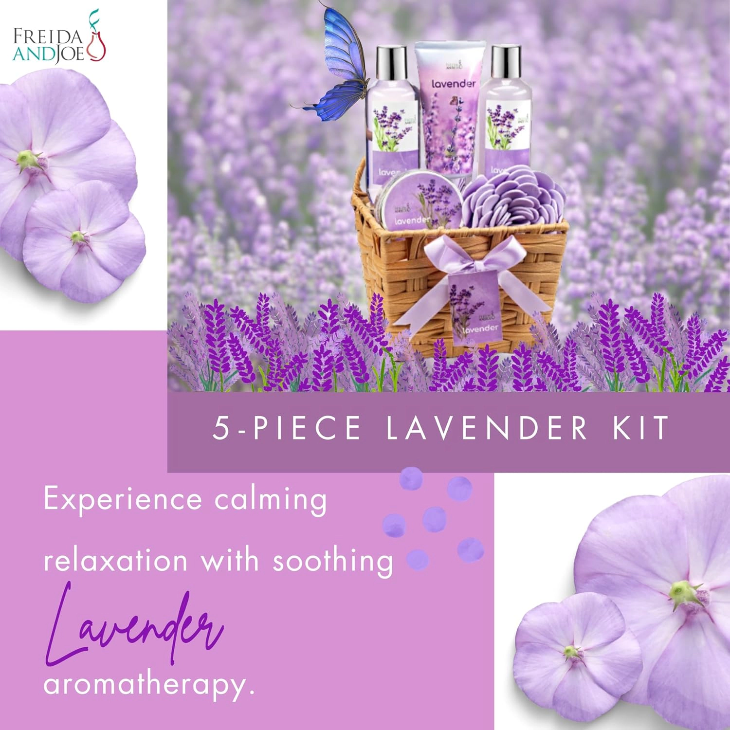 Freida and Joe Women Lavender Bath & Body 6pc Set Wicker Spa Basket For Spa Relaxation