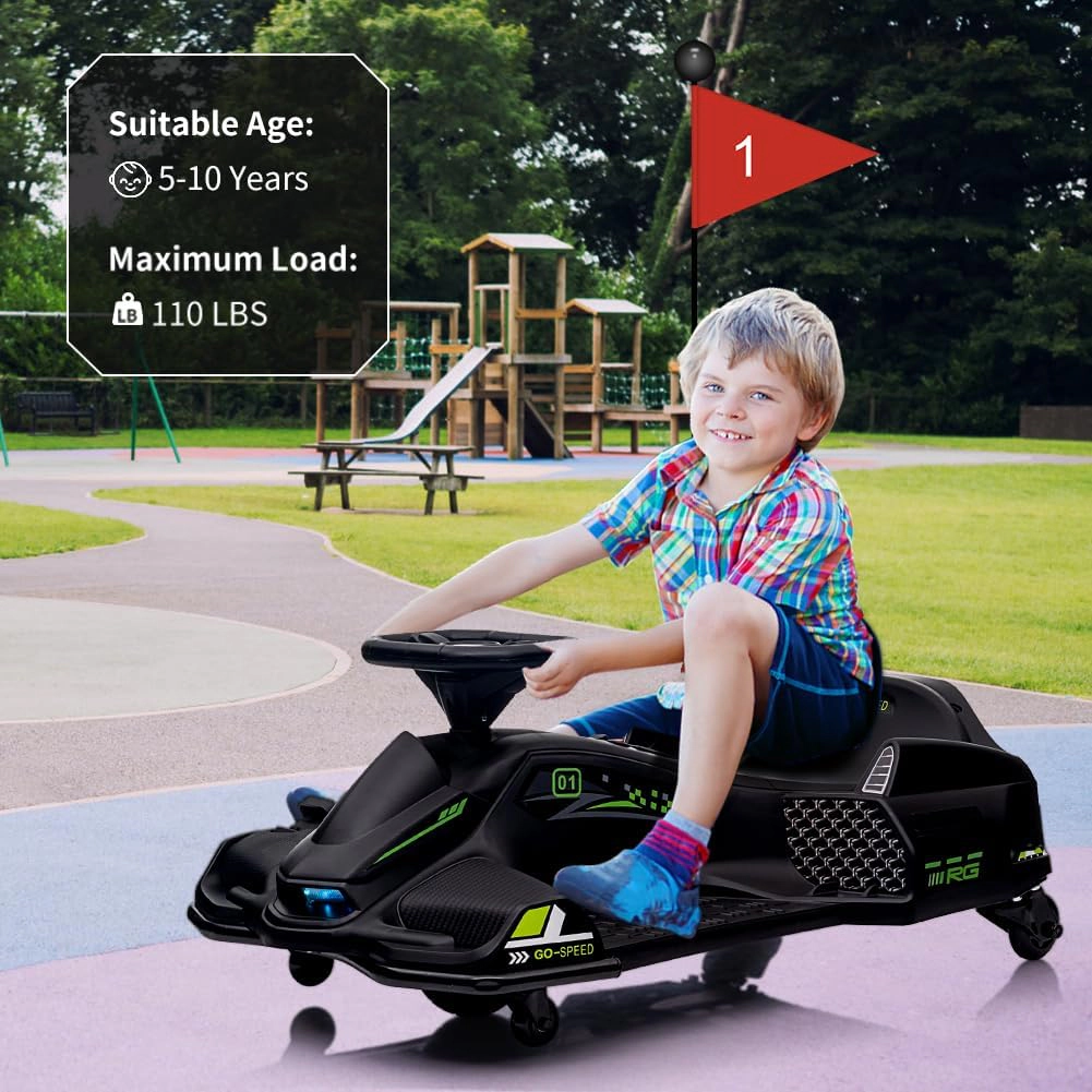 12V Kids Drift Car, Electric Go-Kart w/45W Motor, 5 MPH Variable Speed, Music, LED Lights, USB, Safety Alarm