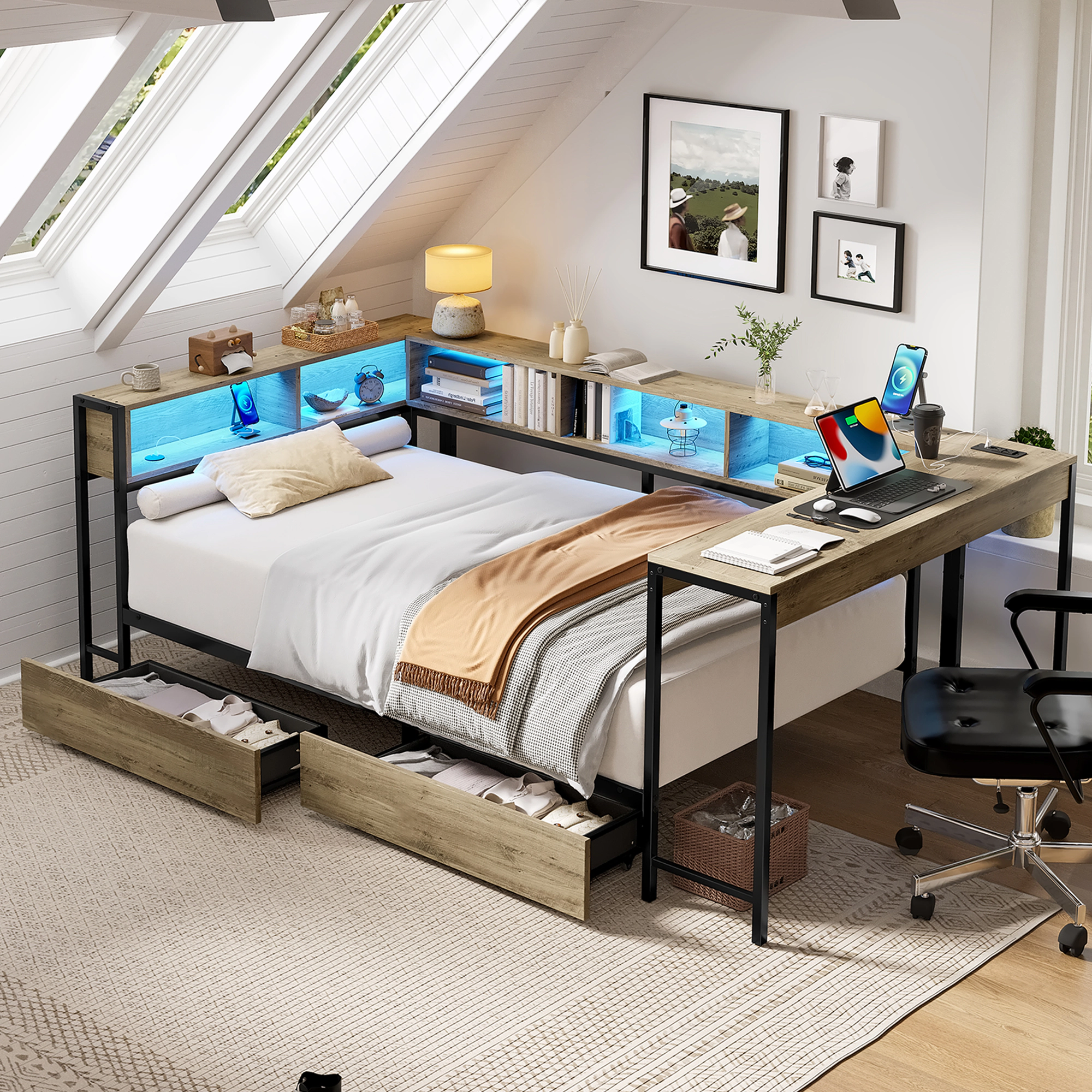 Flynama Twin Corner Bed with Bookcase, 2 Drawers, LED Light & Charging Station, Grey
