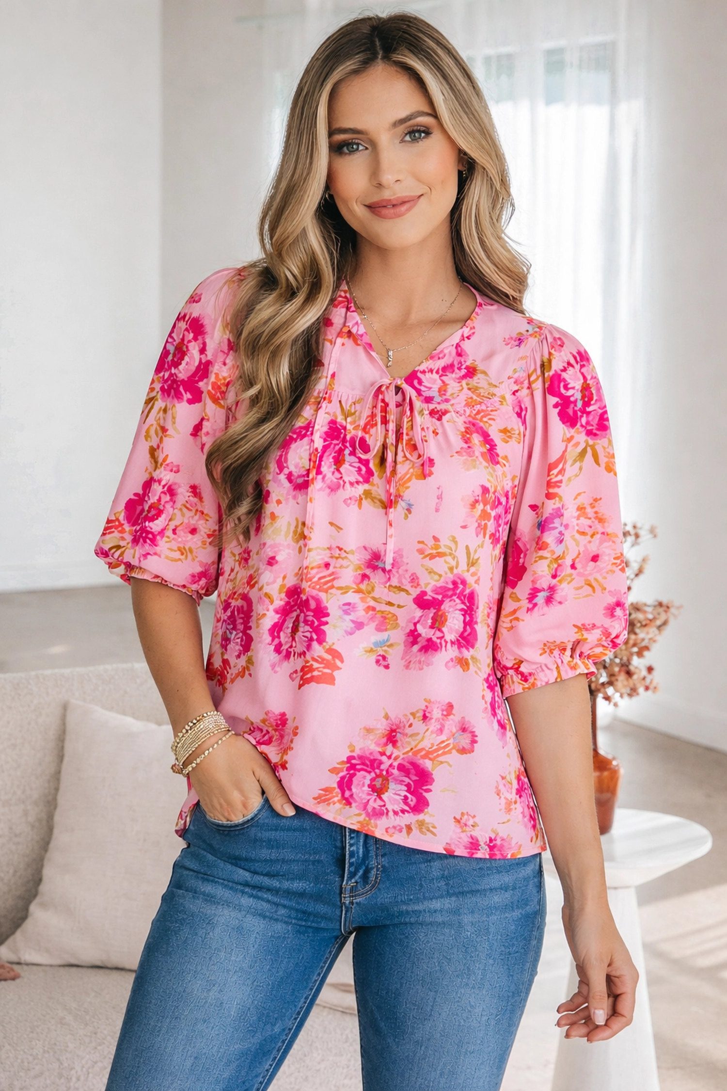 Threaded Pear Nicole Puffy Half Sleeve Blouse