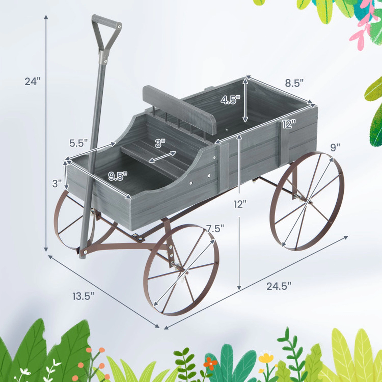 SUGIFT 33-lb Capacity 2-Section Fir Wood Rolling Garden Planter Wagon with Metal Wheels and Handle