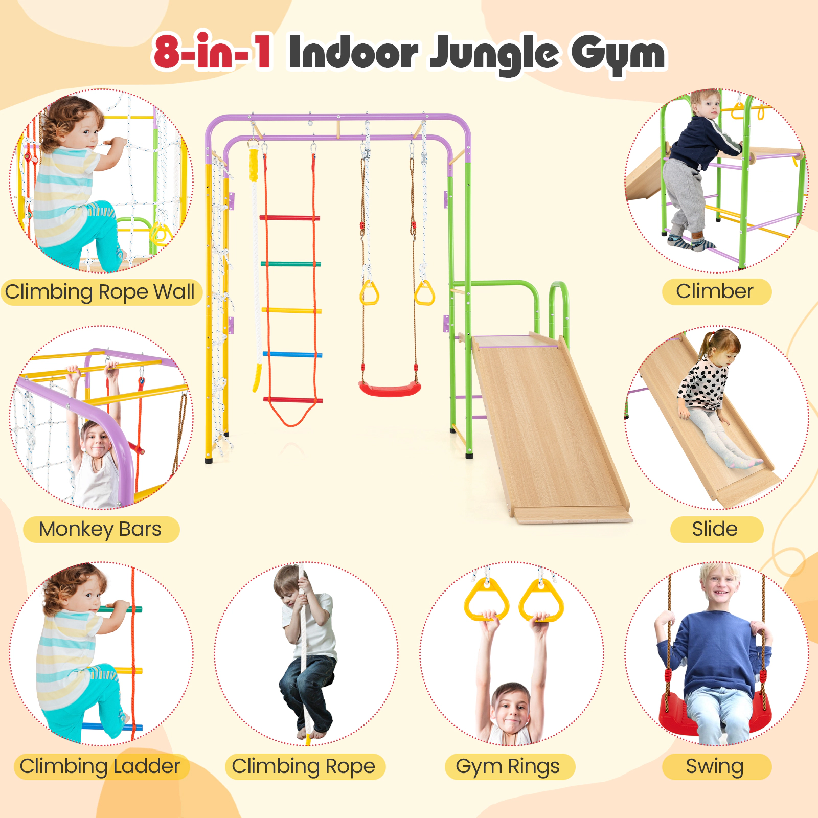 LJG Kids Metal Indoor Jungle Gym 8-in-1 Climbing Playset with Monkey Bars
