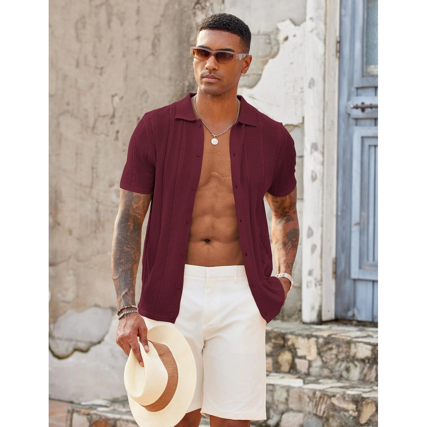 COOFANDY Mens Short Sleeve Button Down Shirts  Solid Lapel Collar Casual Tops