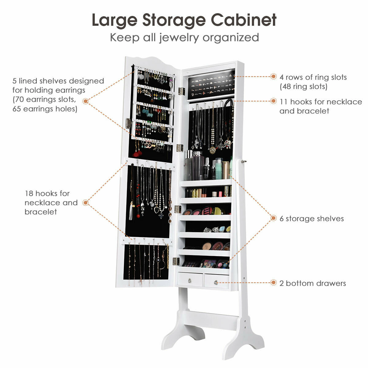 Glintex 14-LED Jewelry Armoire with 29 Hooks 48 Ring Slots and 4 Tilt Angles, White