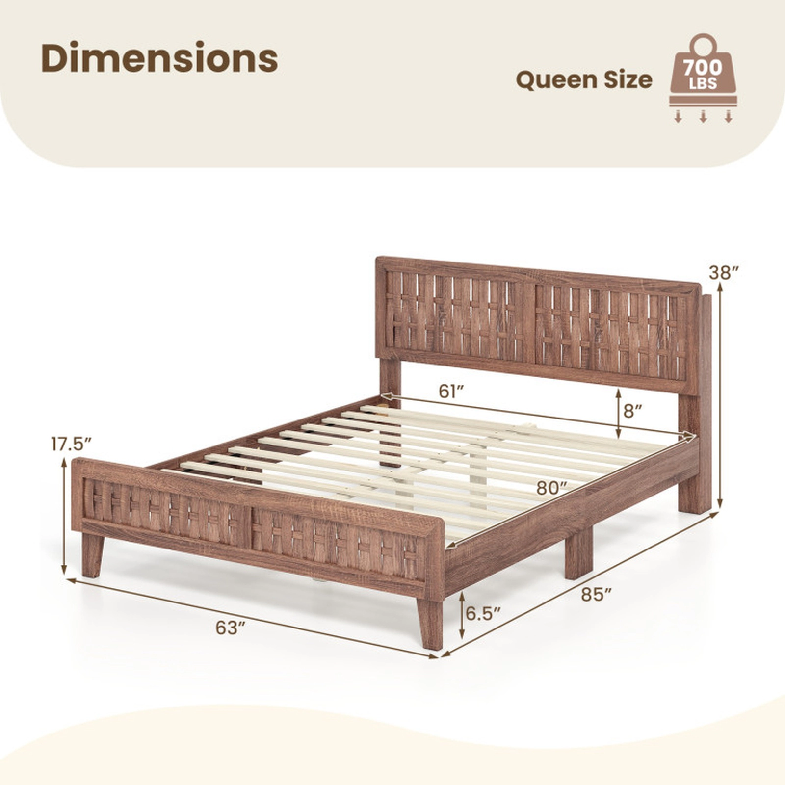 SUGIFT Mid Century Queen Size Bed Frame Woven Headboard 700-Lb Capacity 85-in Long Platform 80 x 61-in Bed Surface
