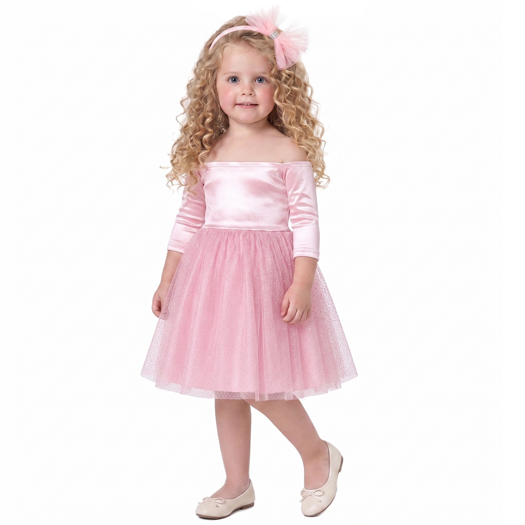 2Bunnies Baby & Toddler Girls 12M-4T Pink Off-Shoulder Glitter Tulle Dress with Smocked Back
