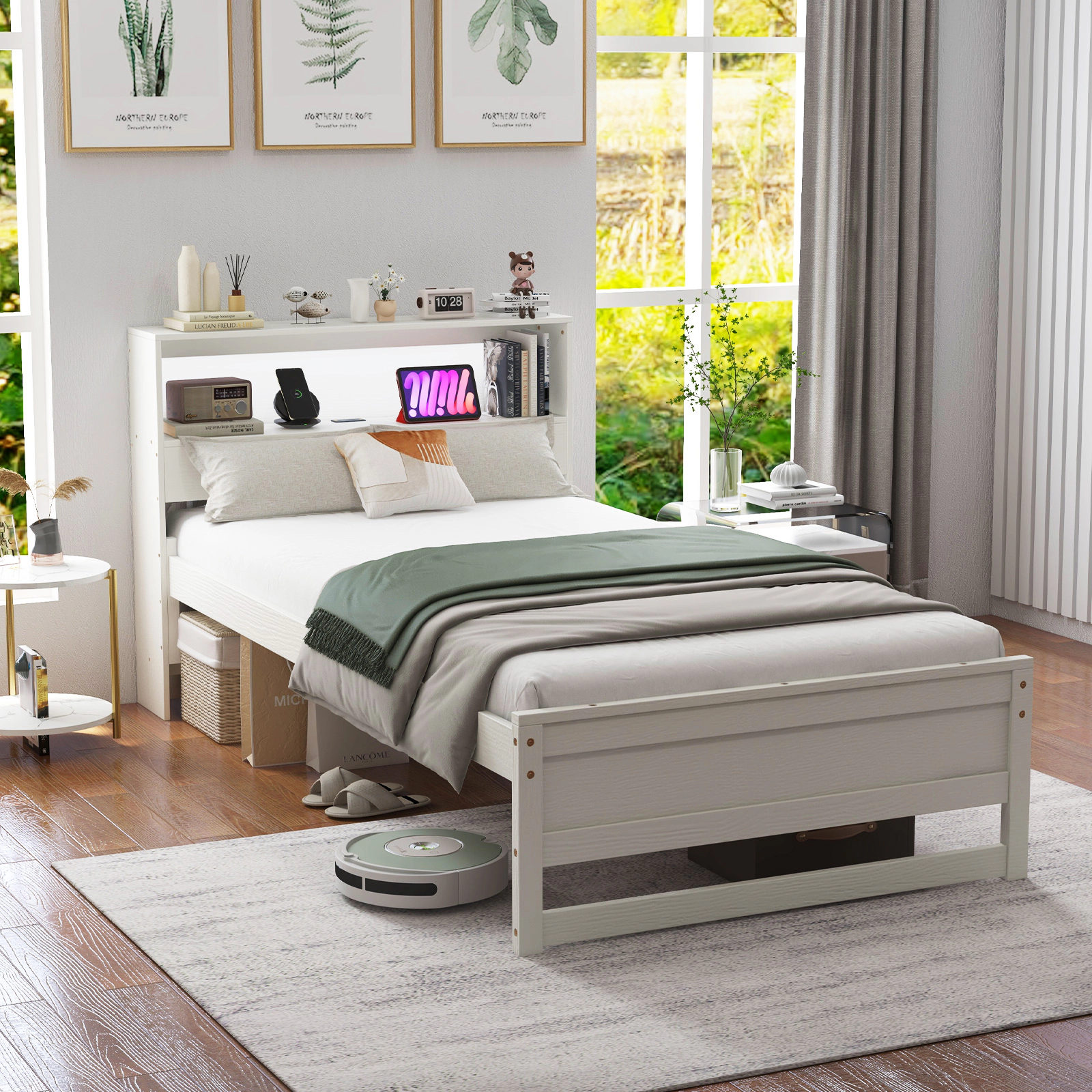 SUGIFT Twin Size Platform Toddler Bed Frame with Storage Headboard and Charging Station 200-lb Capacity White/Gray