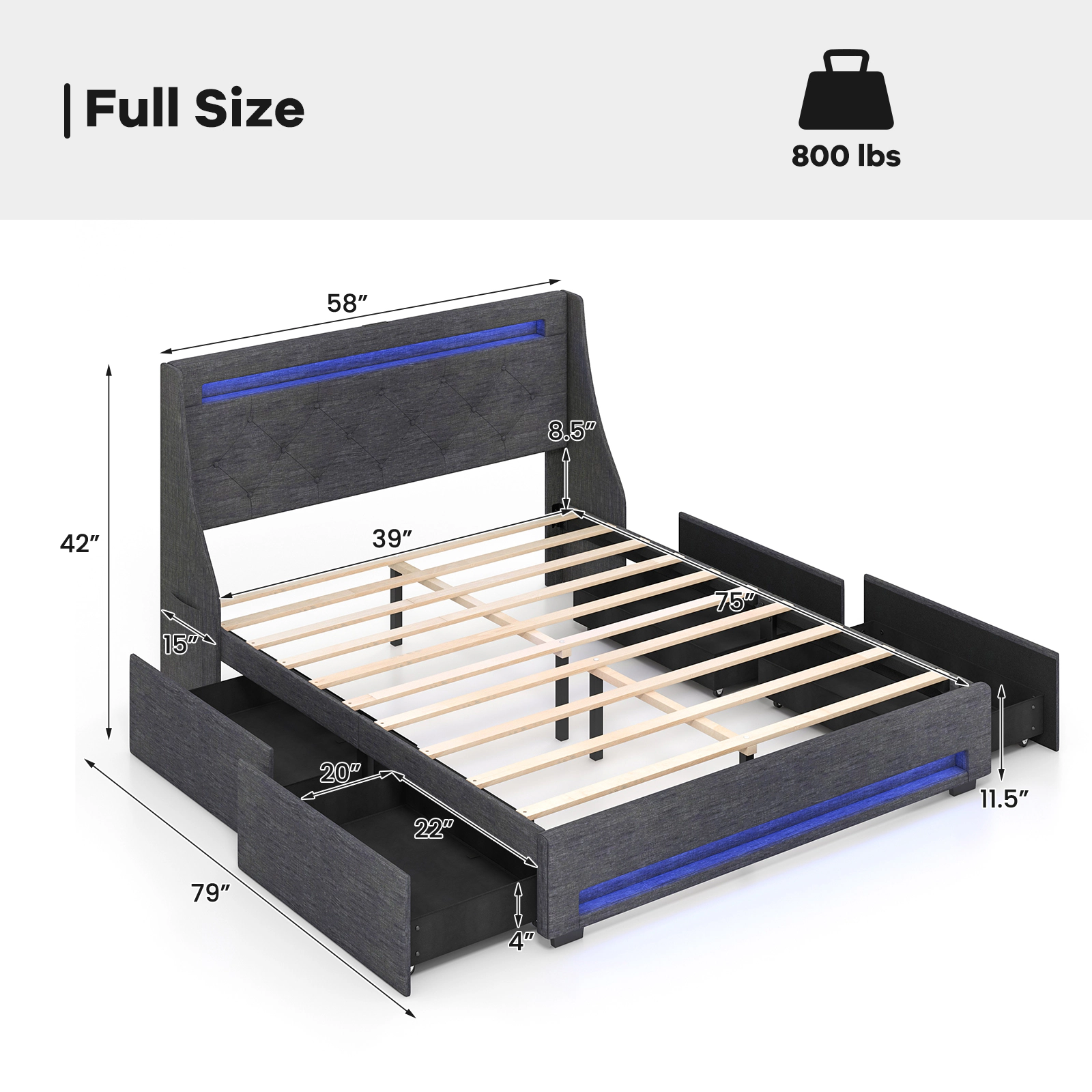 LJG Full Size Bed Frame with LED Lights Wingback Headboard and Charging Station