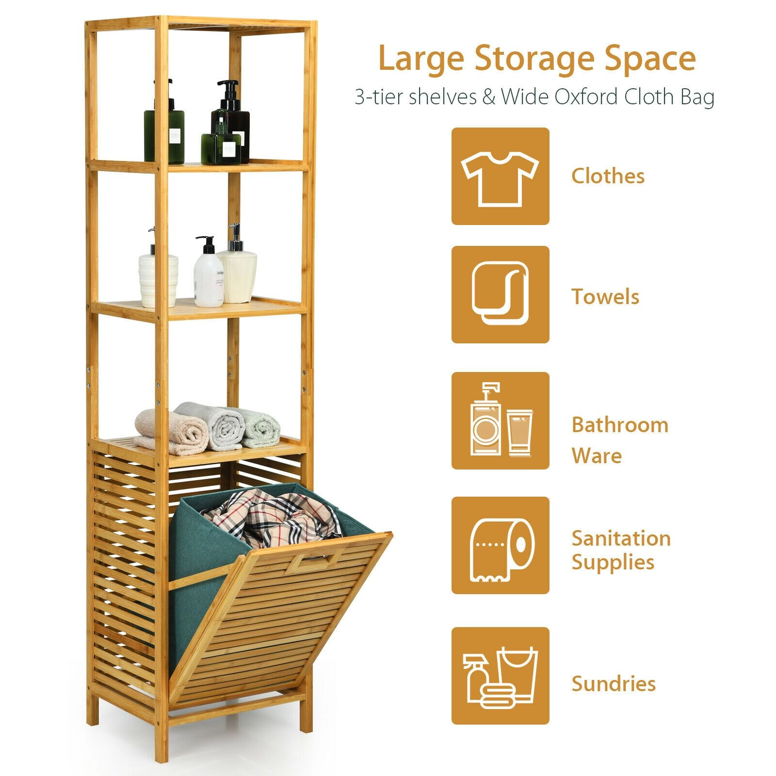 SlickBlue Wicker Laundry Hamper Tower with 3-Tier Storage Shelves