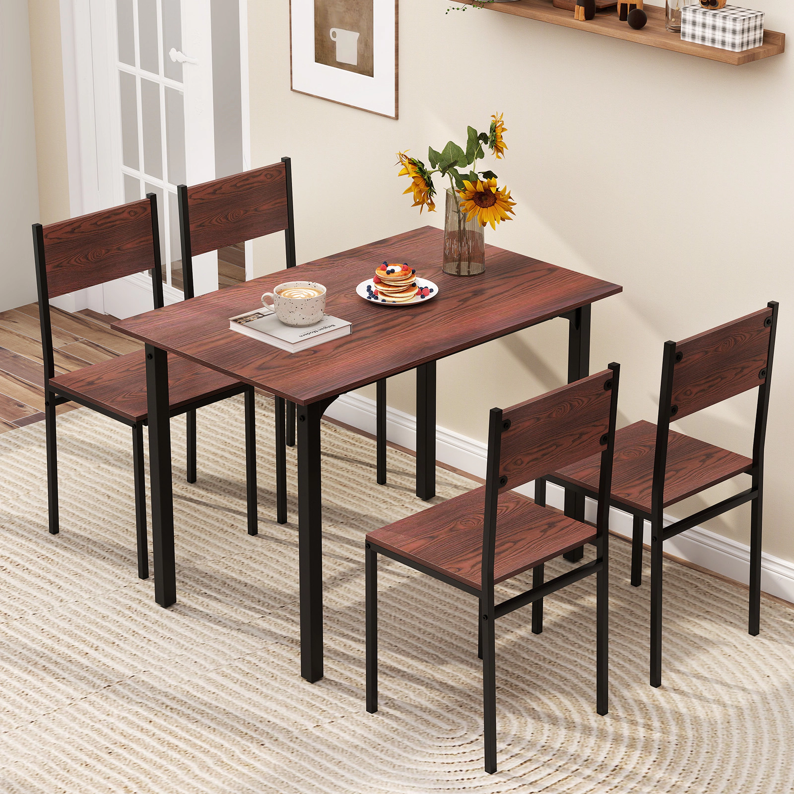 SUGIFT Walnut Industrial 4 Chairs and Kitchen Table 5 Piece Dining Set