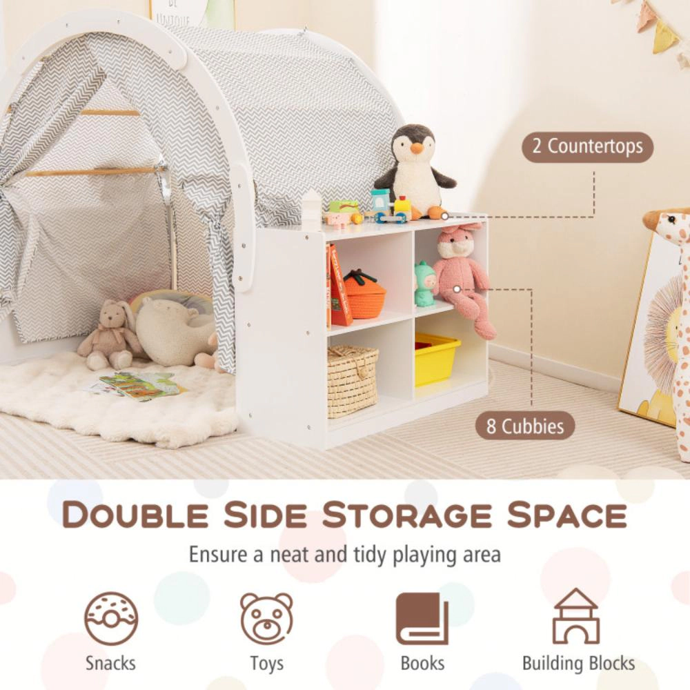 Hivvago Wooden Kids Play Tent with Curtain Shades and 8 Cubbies-White