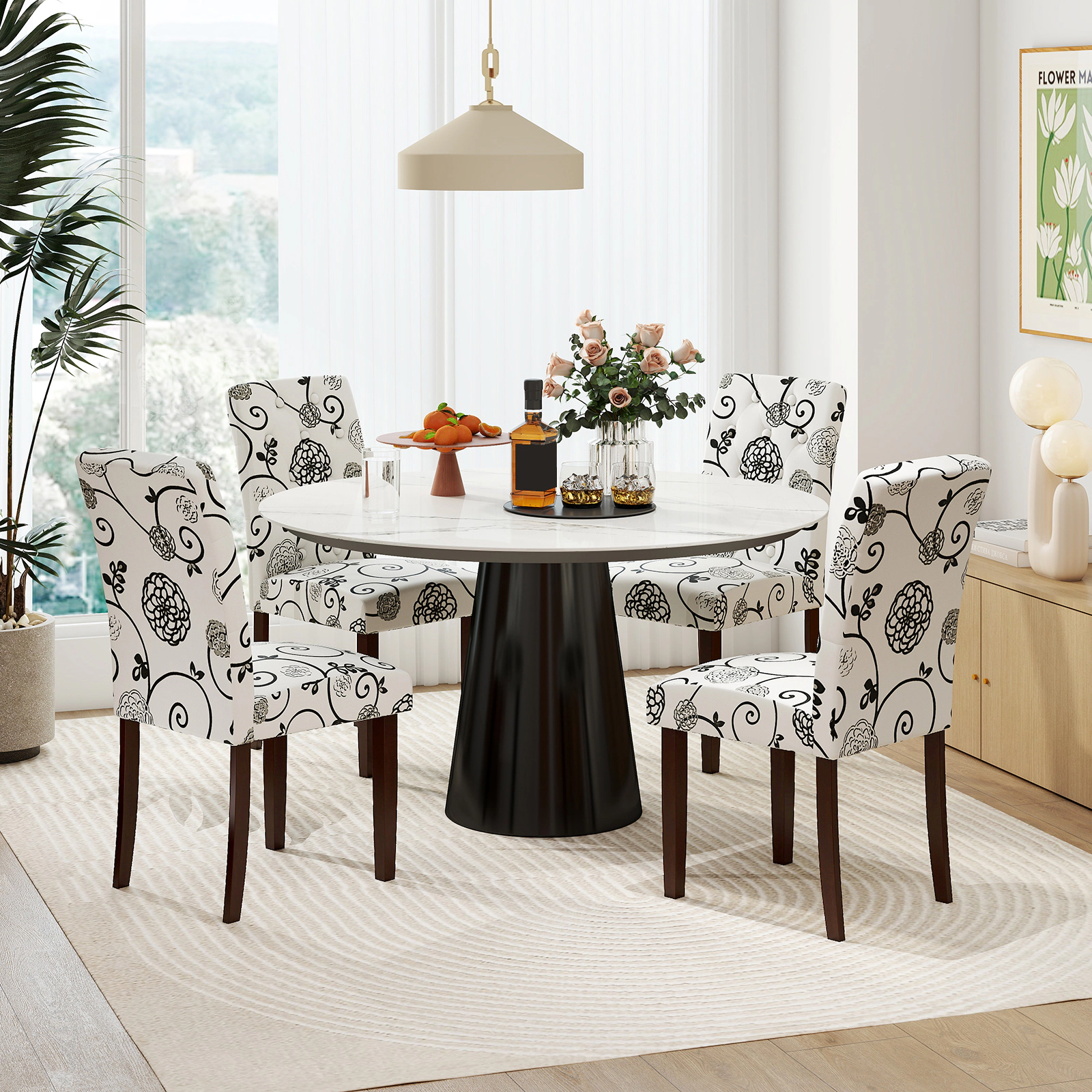 LJG Button Tufted Fabric Upholstered Wooden Dining Chair Set of 2 with High Curved Back