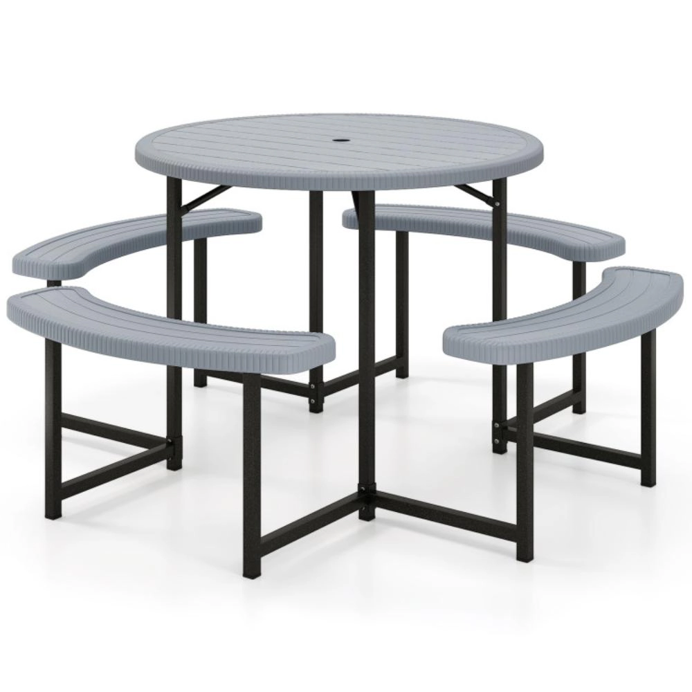 Hivvago Round Picnic Table Bench Set With 4 Benches And Umbrella Hole For Patio Lawn