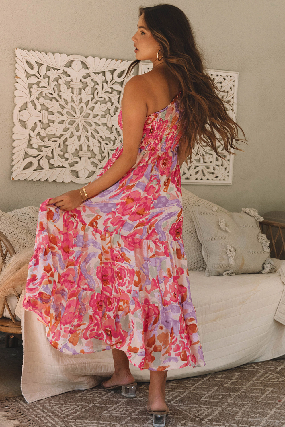 Threaded Pear Women's Malaysia Floral Print Shirred One Shoulder Maxi Dress