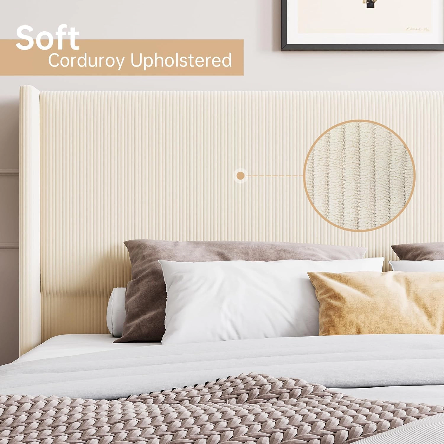 BebreezChic Beige Upholstered Queen Platform Bed Frame with Headboard,Beige