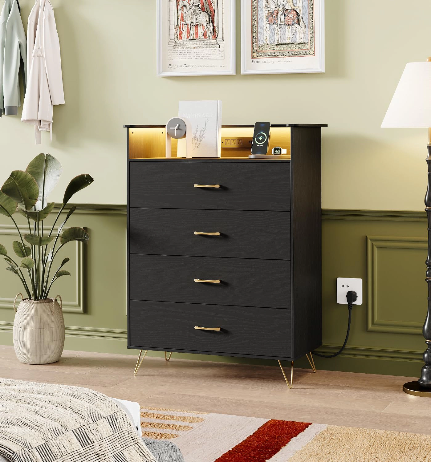 4 Drawer Dresser with Power Outlets & RGB LED Lights, Tall Modern Wood Storage Chest App Control