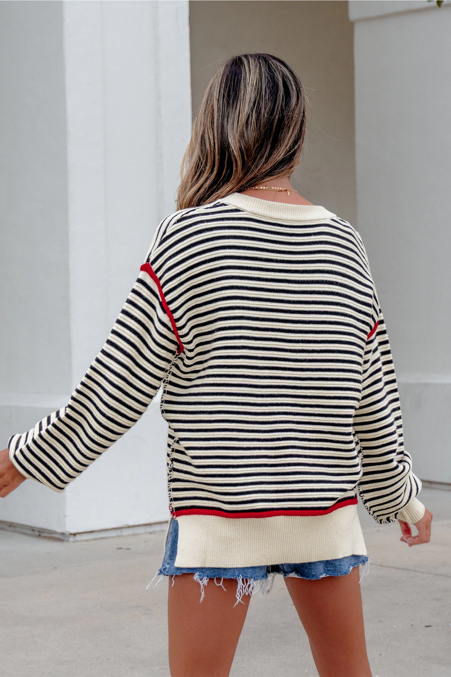 19092 Threaded Pear Hazel Drop Shoulder Oversized Sweater - Black Stripe