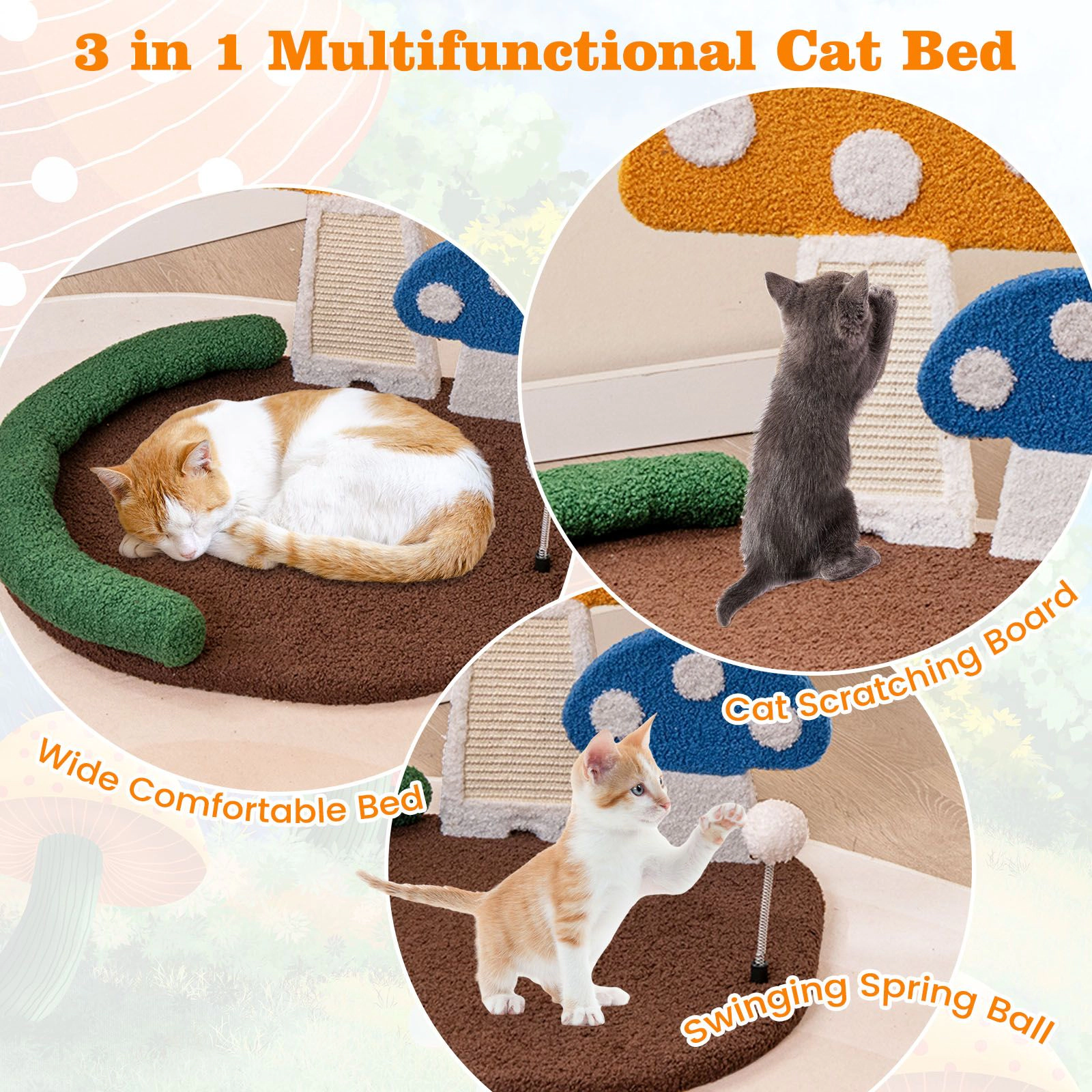 SlickBlue Mushroom Cat Bed with Scratching Board and Toy Ball