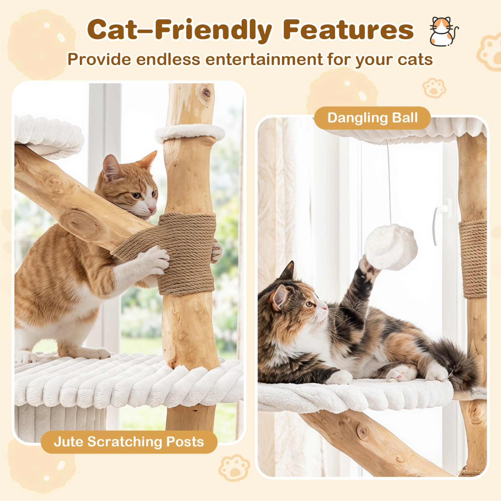 SUGIFT Multi-Level 41-in Tall Modern Cat Tree Tower Real Pear Wood Branches Scratching Posts 22-lb Capacity Indoor Beige