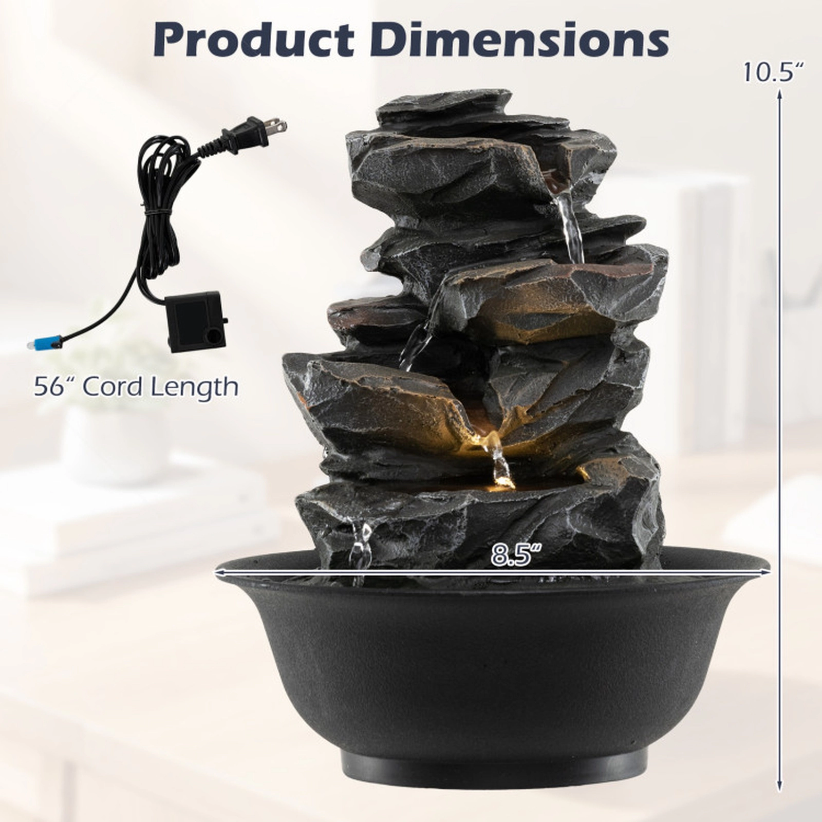 SUGIFT 8.5-in Black Multi-Tier Tabletop Water Fountain with LED Light and Silent Adjustable Pump