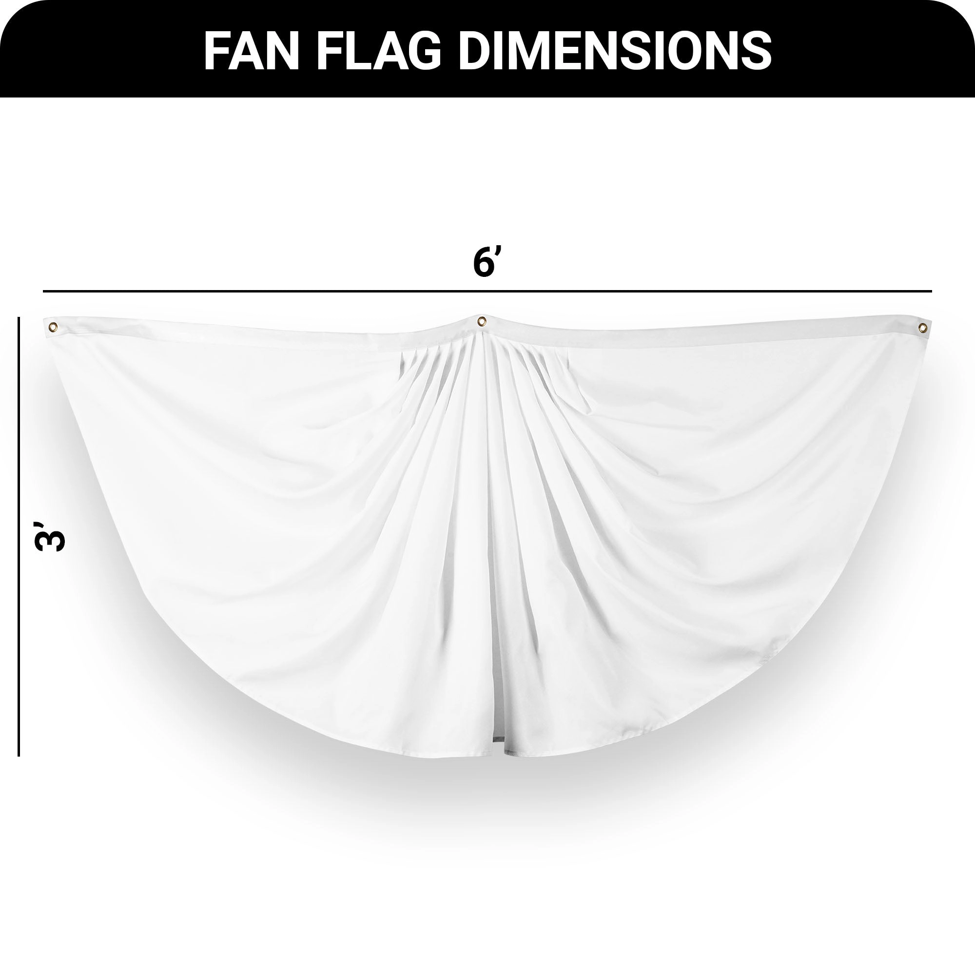 G128 White Pleated Fan Flag 3x6 Ft - 150D Polyester, Fade-Resistant Print, Brass Grommets