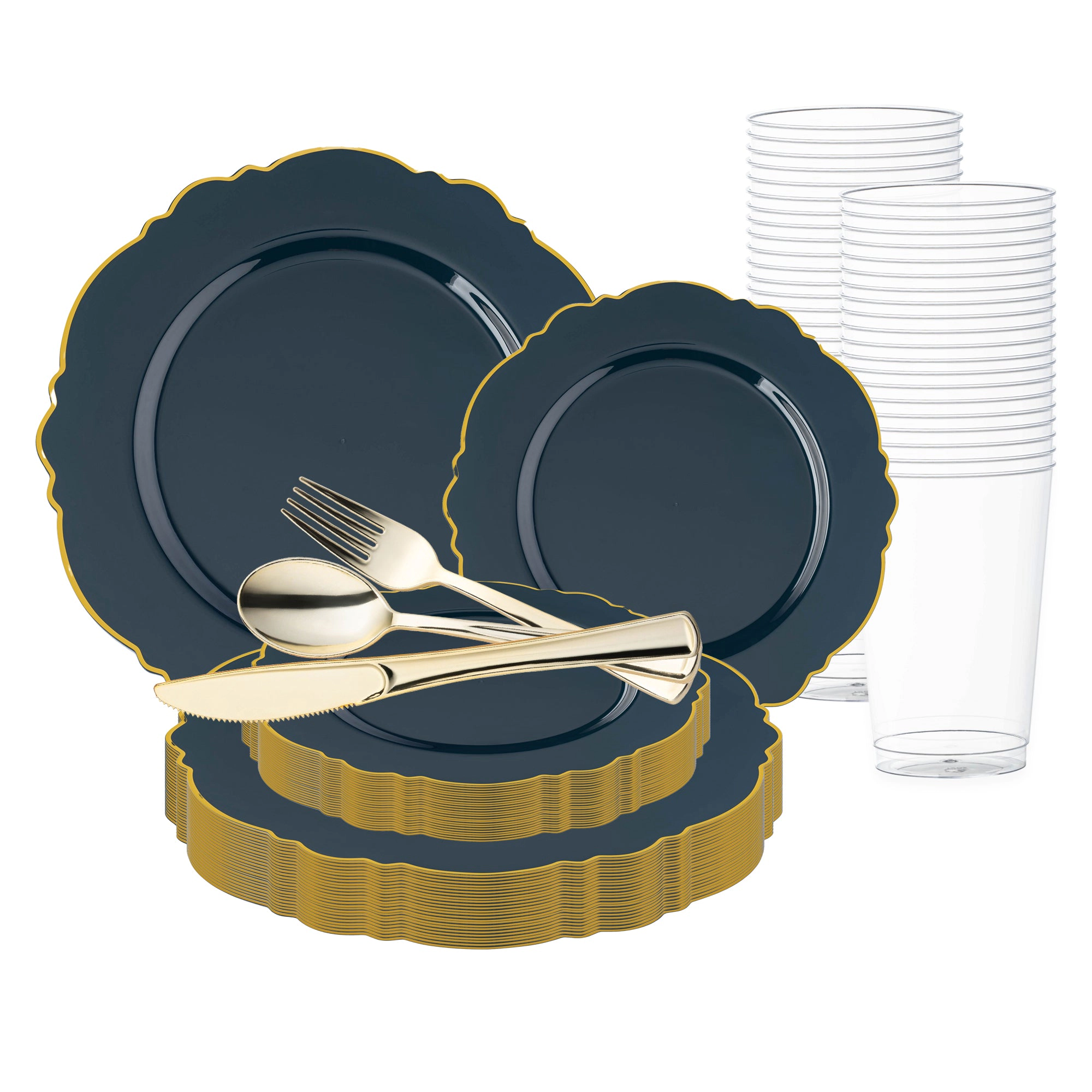 Smarty Had A Party Navy with Gold Rim Round Blossom Disposable Plastic Wedding Value Set