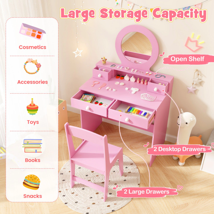 Hivvago Kids Vanity Set With Mirror Princess Makeup Dressing Desk And Chair