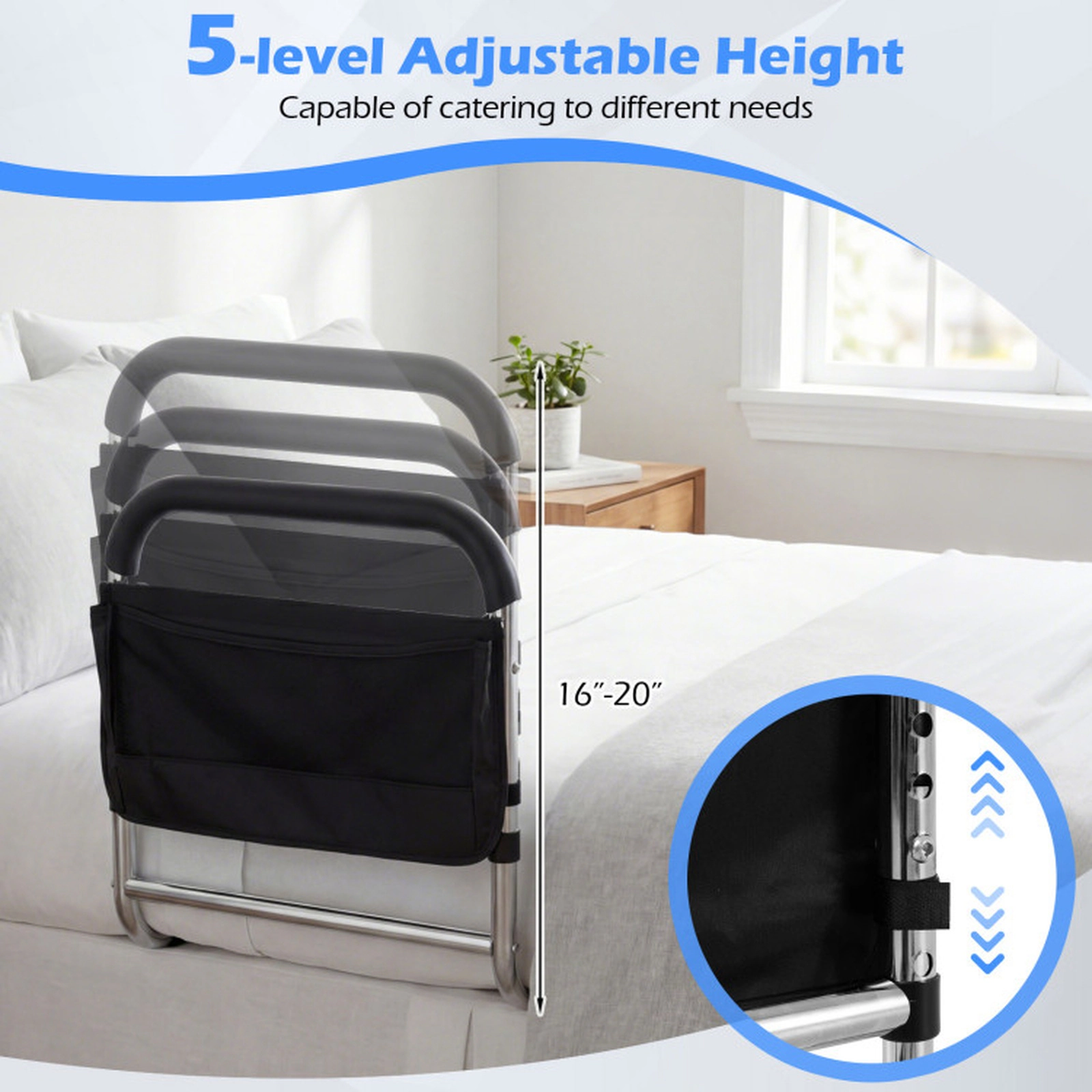 SUGIFT 220-lb Capacity 5-Level Height Adjustable Bed Rails for Elderly Adults with Padded Handrail