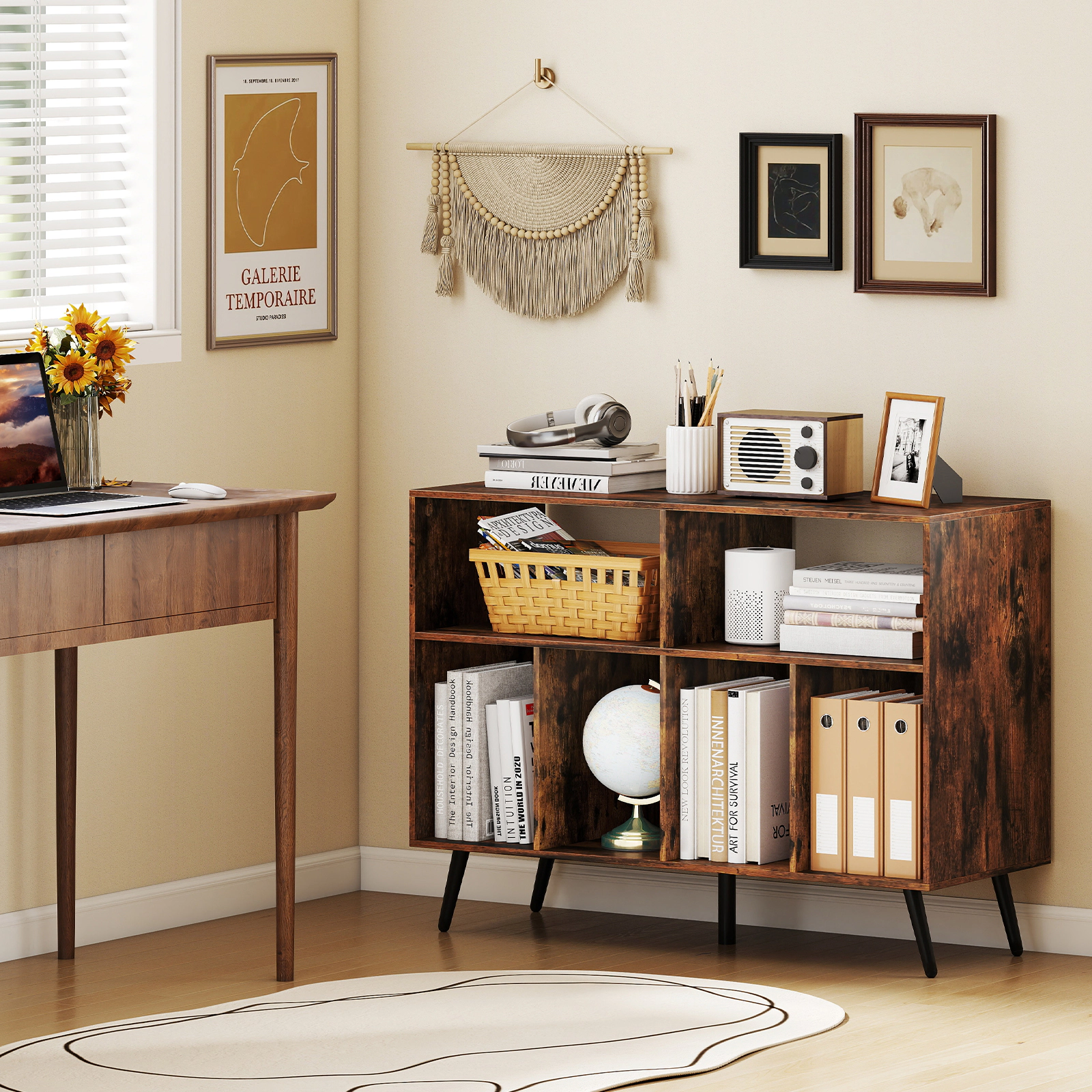 Glintex 40-Inch Record Player Stand with 4 Record Compartments and Charging Ports, Rustic Brown