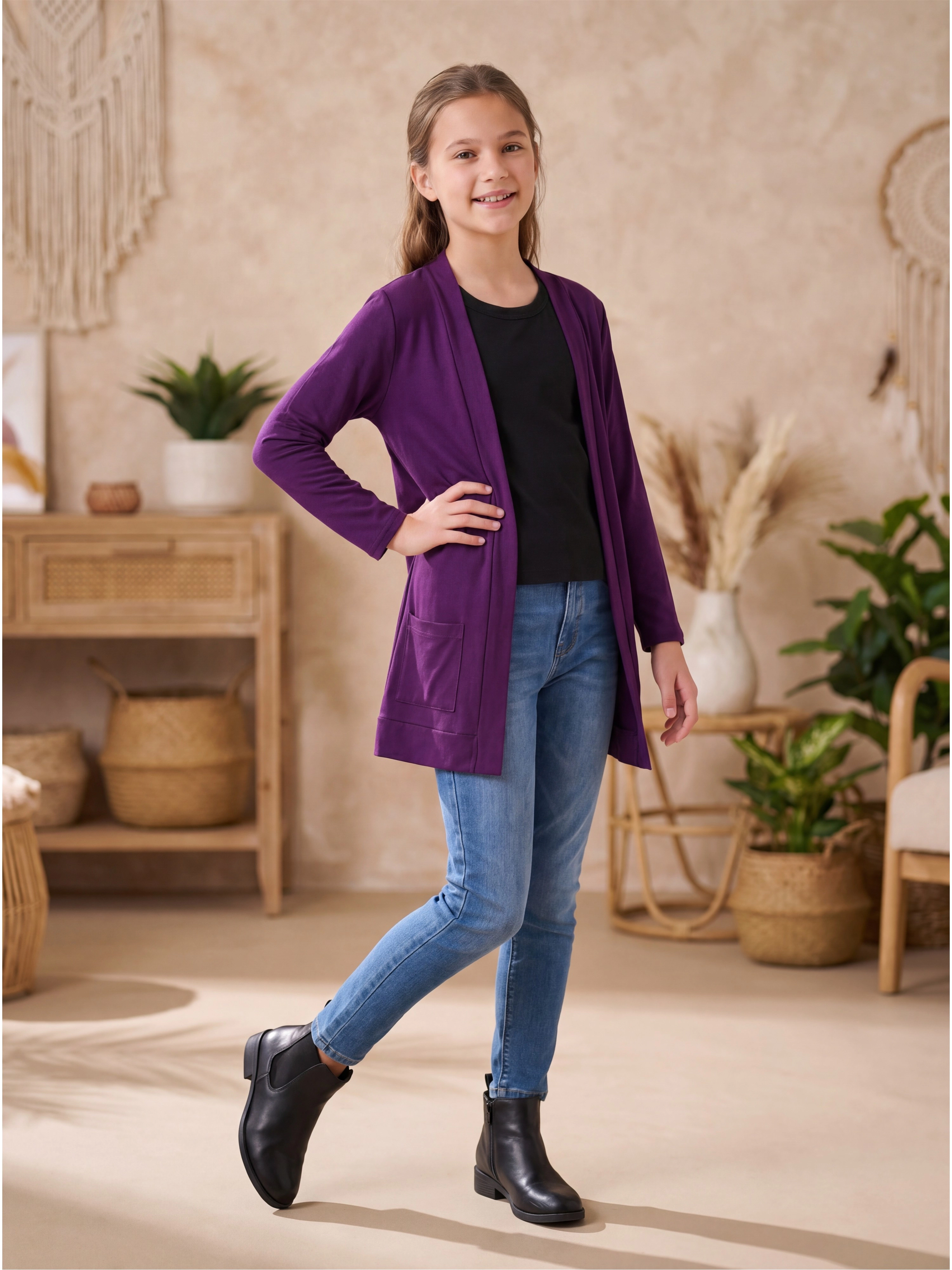 24sevenKid Essential Girls Open Front Long Sleeve Pocket Cardigan