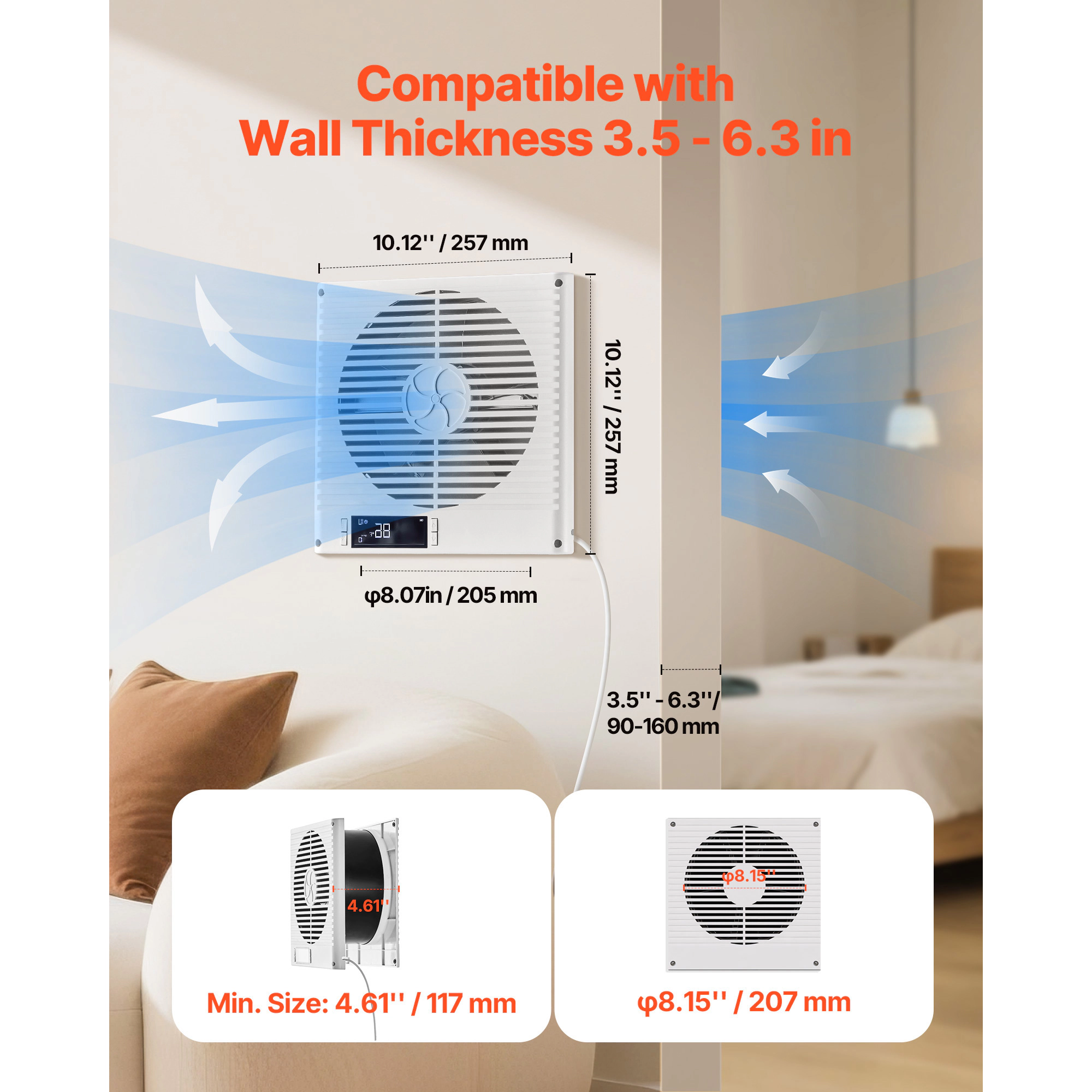 HONGGE Room to Room Fan Through Wall Fan with & Ventilation Quiet Vent for Kitchen Living & Laundry Room Workshop