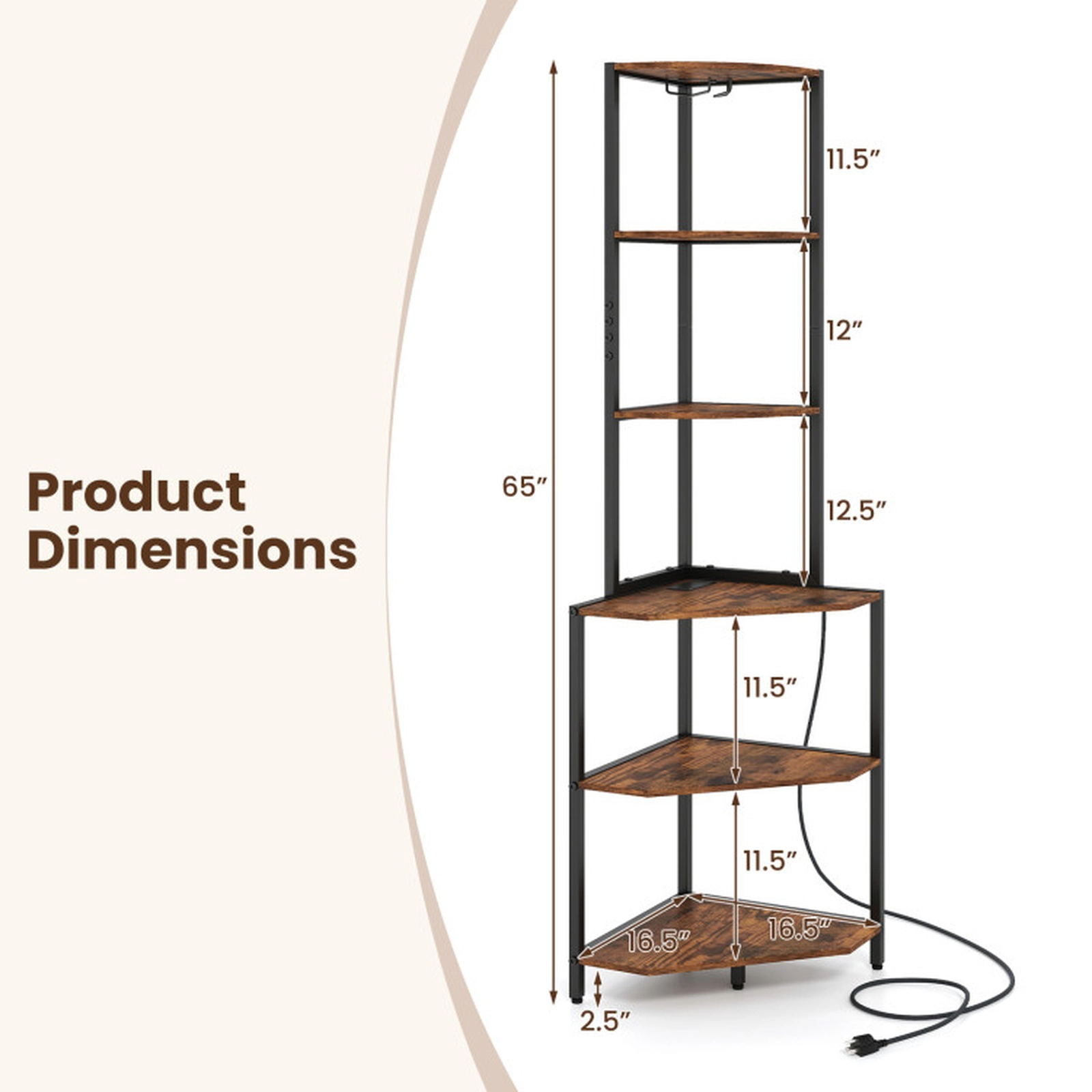 SUGIFT Black and Brown Charging Station and Ambience Light 65 in 6-Tier Corner Shelf