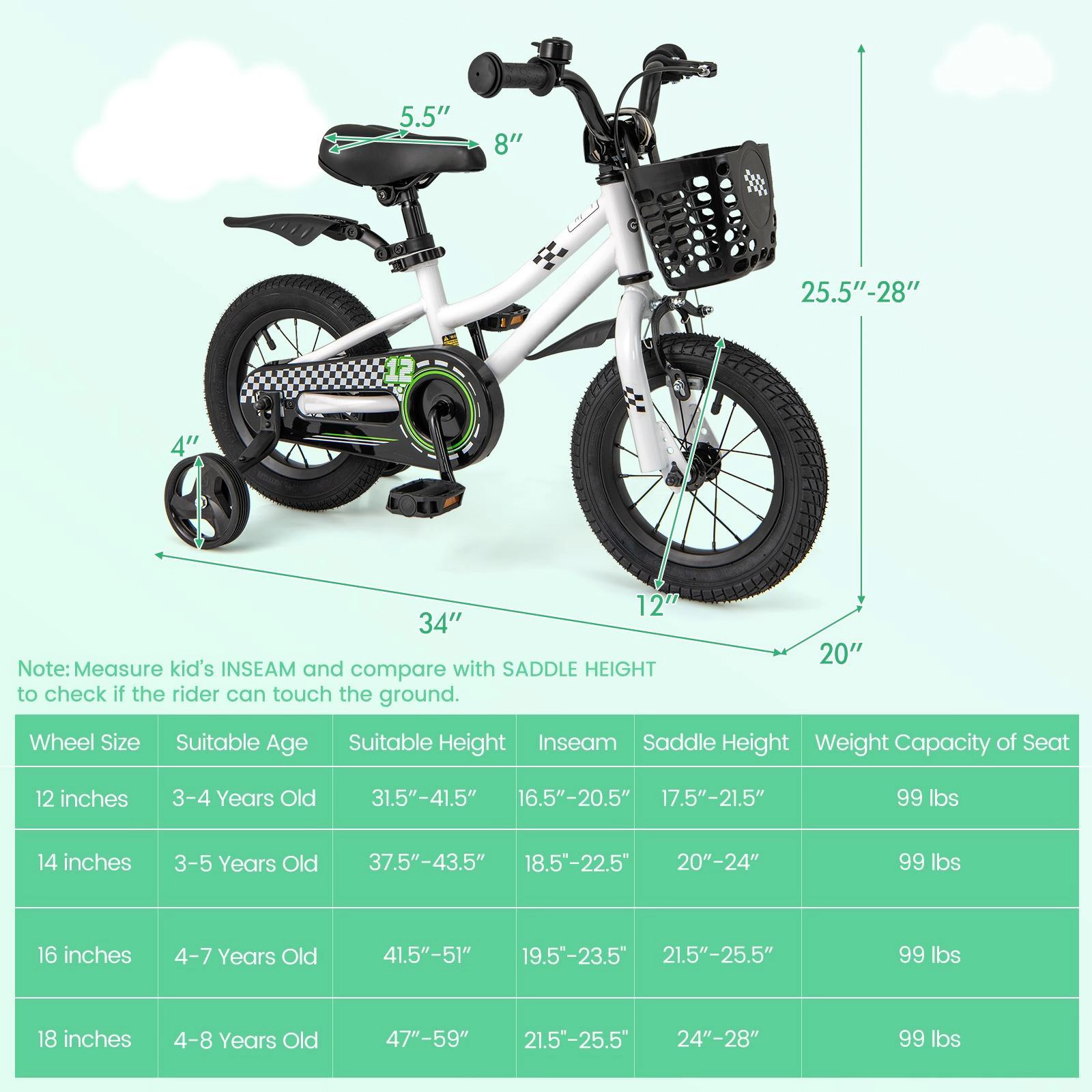 SUGIFT White Removable Training Wheels Mudguard Bell and Chain Guard Kids 12 Inch Bike