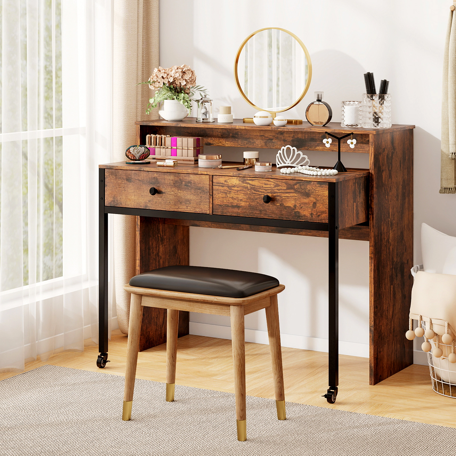 SUGIFT Extendable Computer Desk with Monitor Shelf and 2 Storage Drawers 176-lb Capacity Rustic Brown & Black