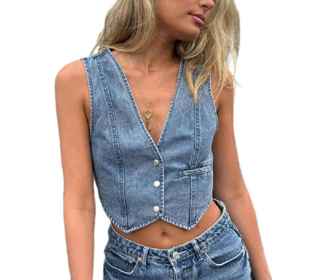 KOJOOIN Women's Cropped Western Denim Vest Top V Neck Waistcoat Cowgirl Jean Tops Country Concert Outfit