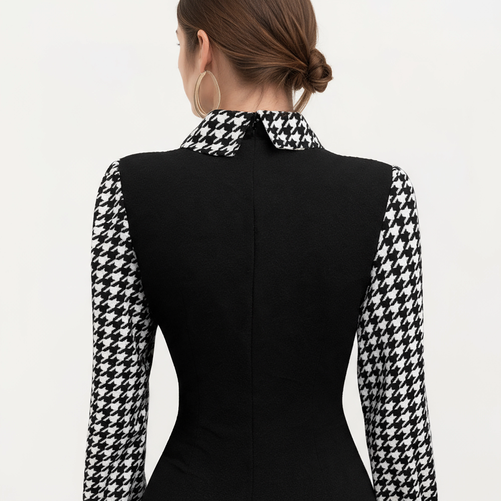 Anna-Kaci Women's Long Sleeve Houndstooth Collar Fitted Silhouette Contrast Maxi Dress