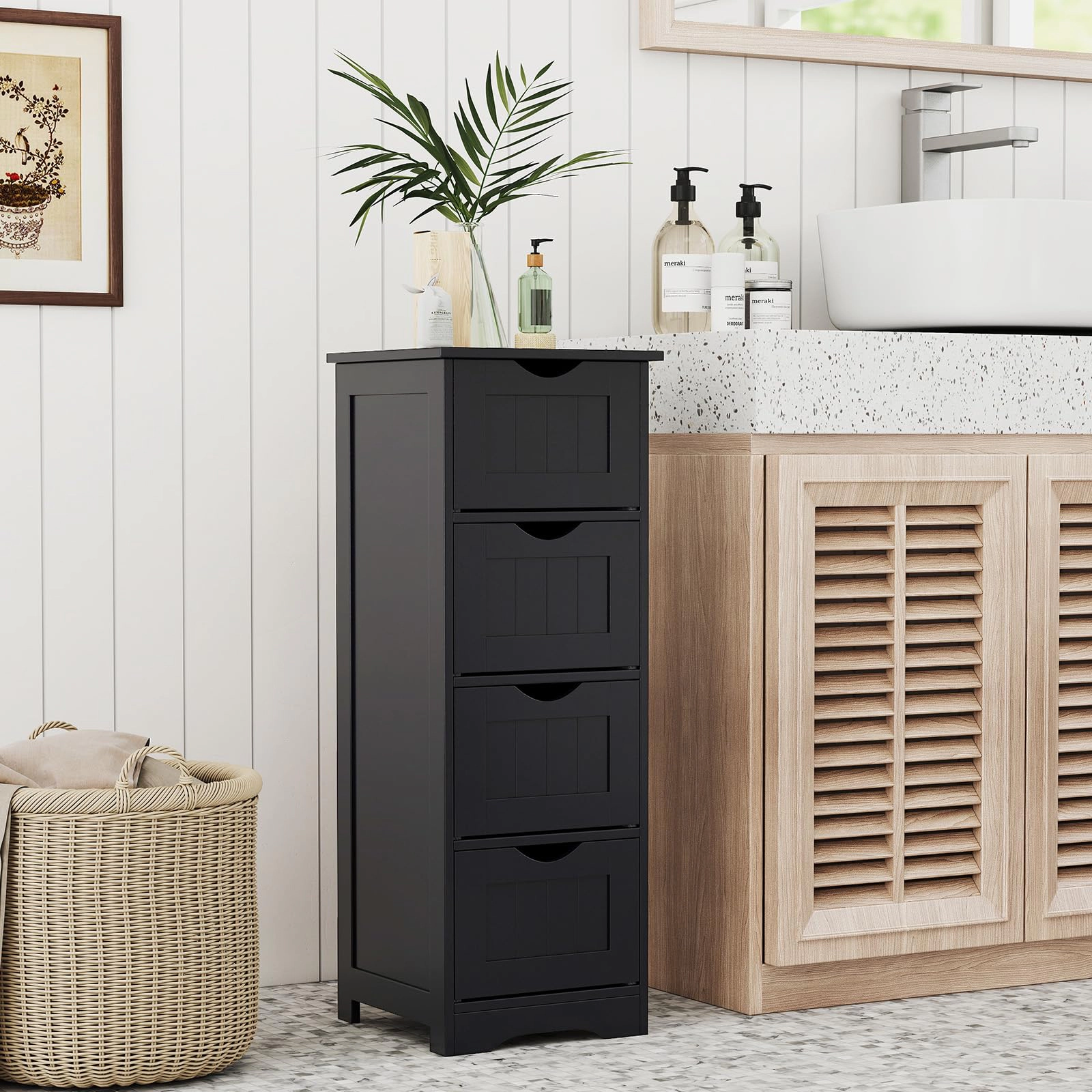 Glintex 4-Drawer Narrow Floor Cabinet with Arched Base and Cut-Out Handles