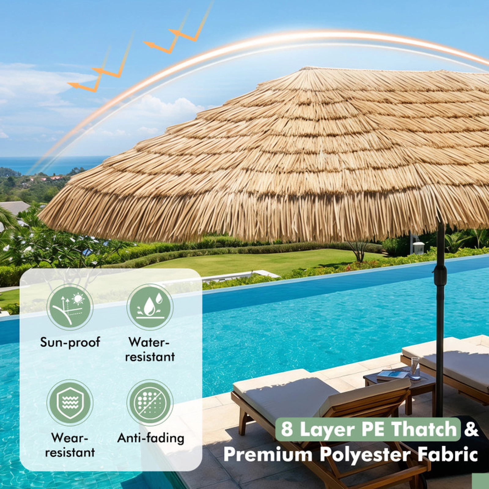 SUGIFT Brown 12 Ribs and Weighted Base 15 x 9 FT Solar Double-Sided Thatched Patio Umbrella