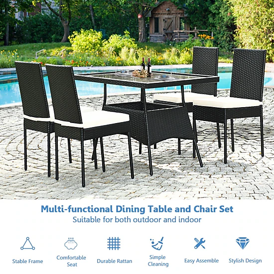 Hivvago 5 Pieces Rattan Dining Set With Glass Table And High Back Chair