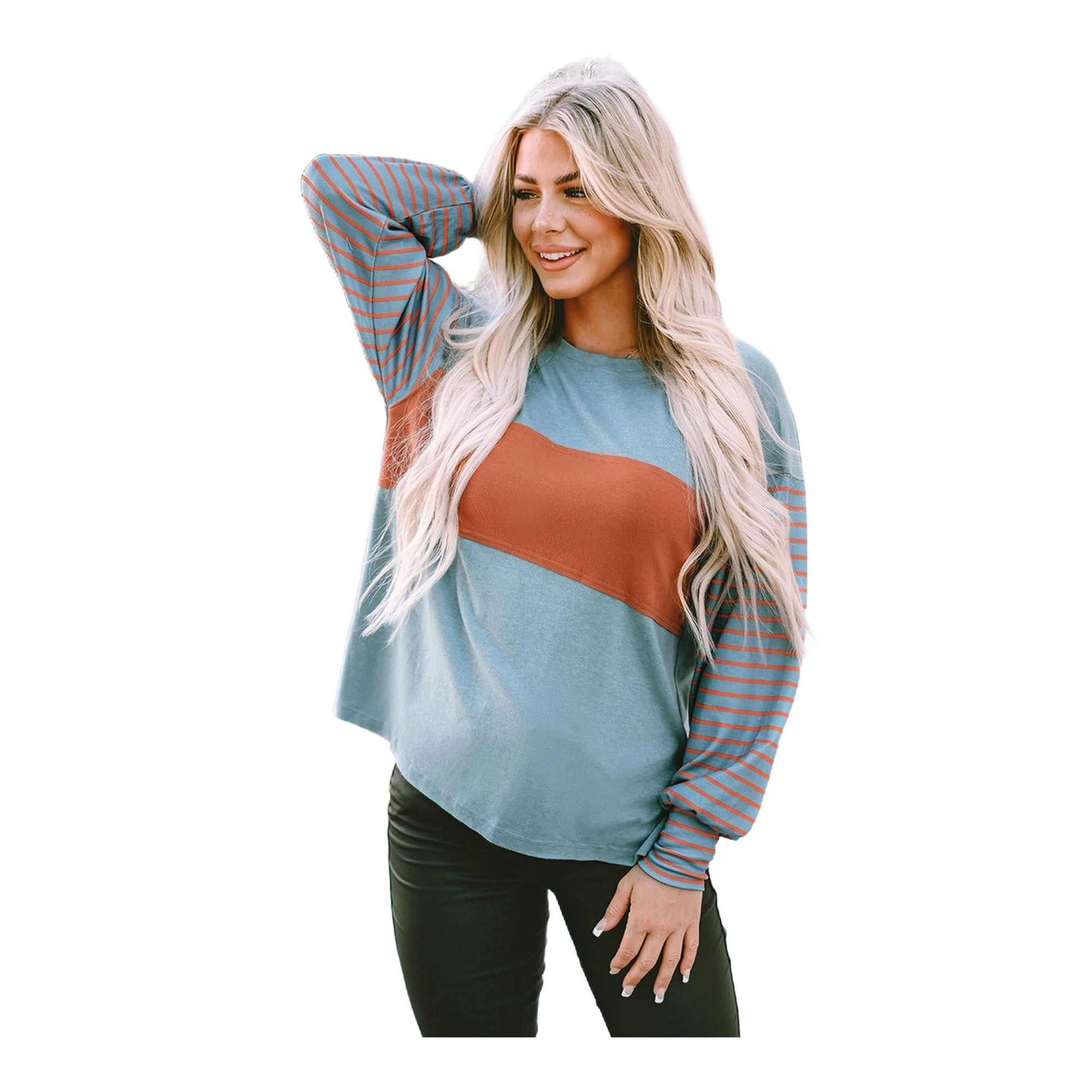 Sol Living Womens Colorblock Striped Bishop Sleeve Top